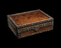 A Chinese Hardstone Inset Silver Mounted Huanghuali Hinged Box