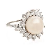 A Platinum, Cultured Pearl and Diamond Ring, 5.90 dwts.
