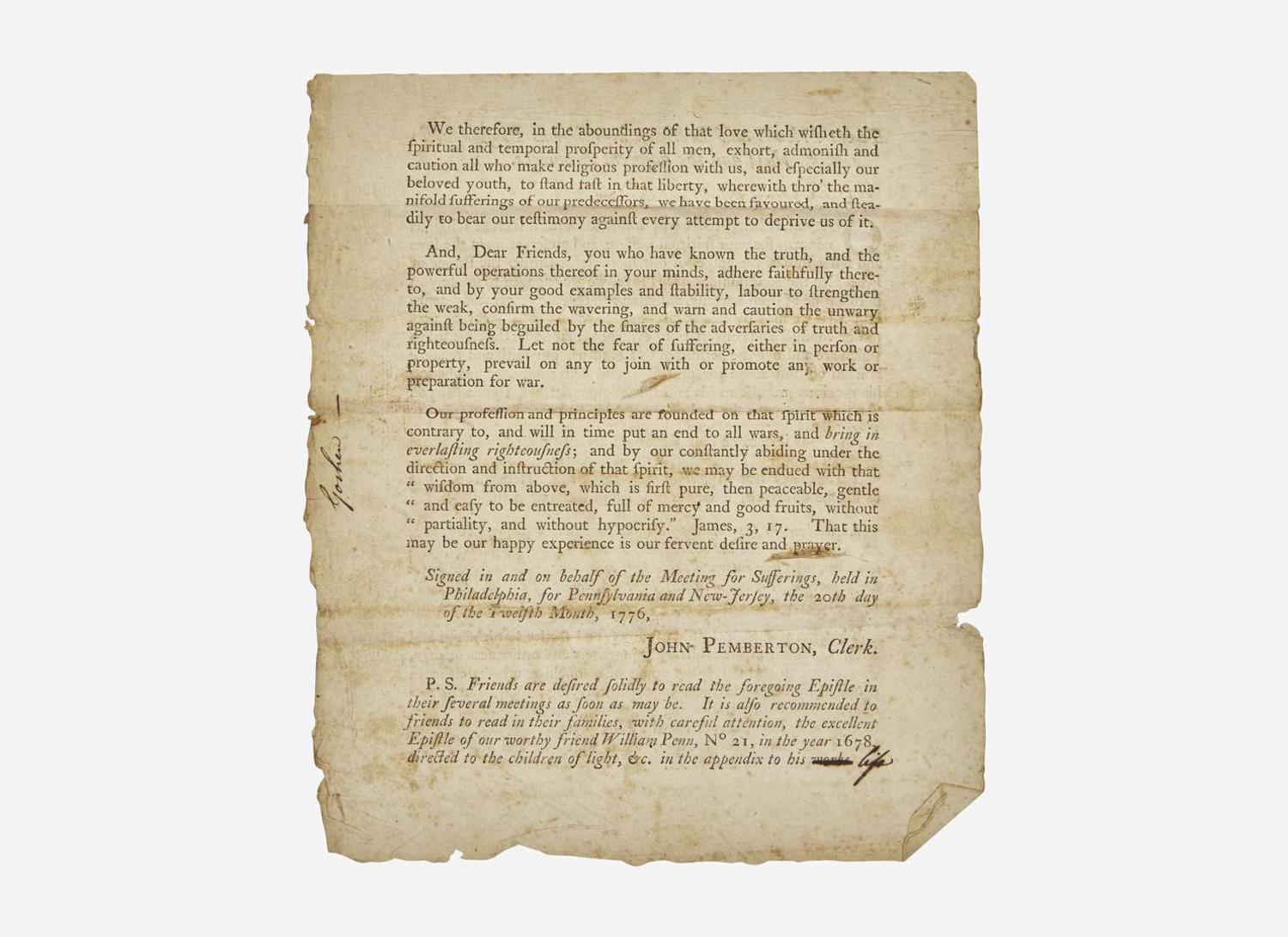 [American Revolution] Pemberton, John: To our Friends and Brethren in religious Profession, in these and the adjacent Provinces...