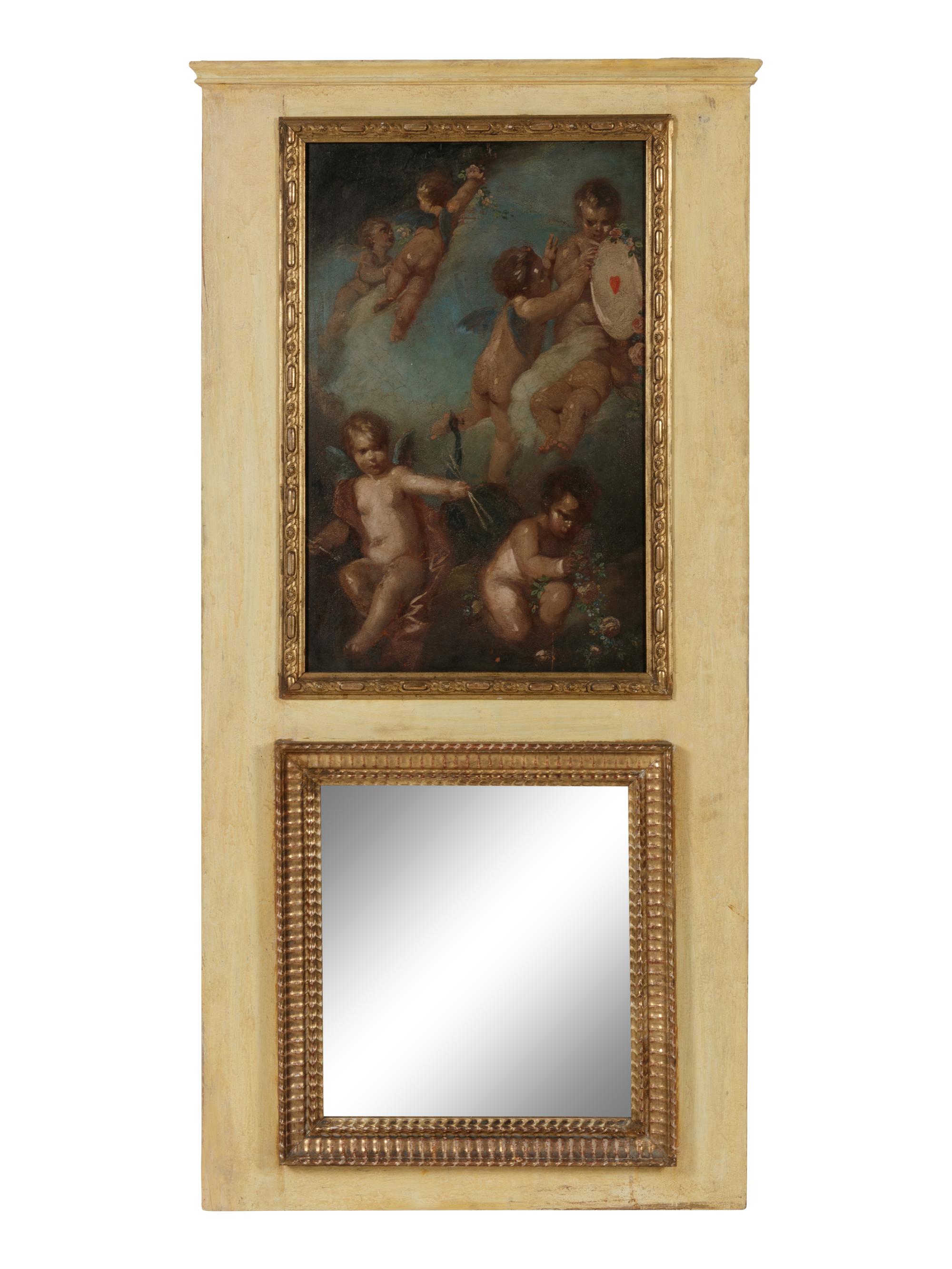 A Louis XVI Style Painted and Parcel Gilt Trumeau Mirror