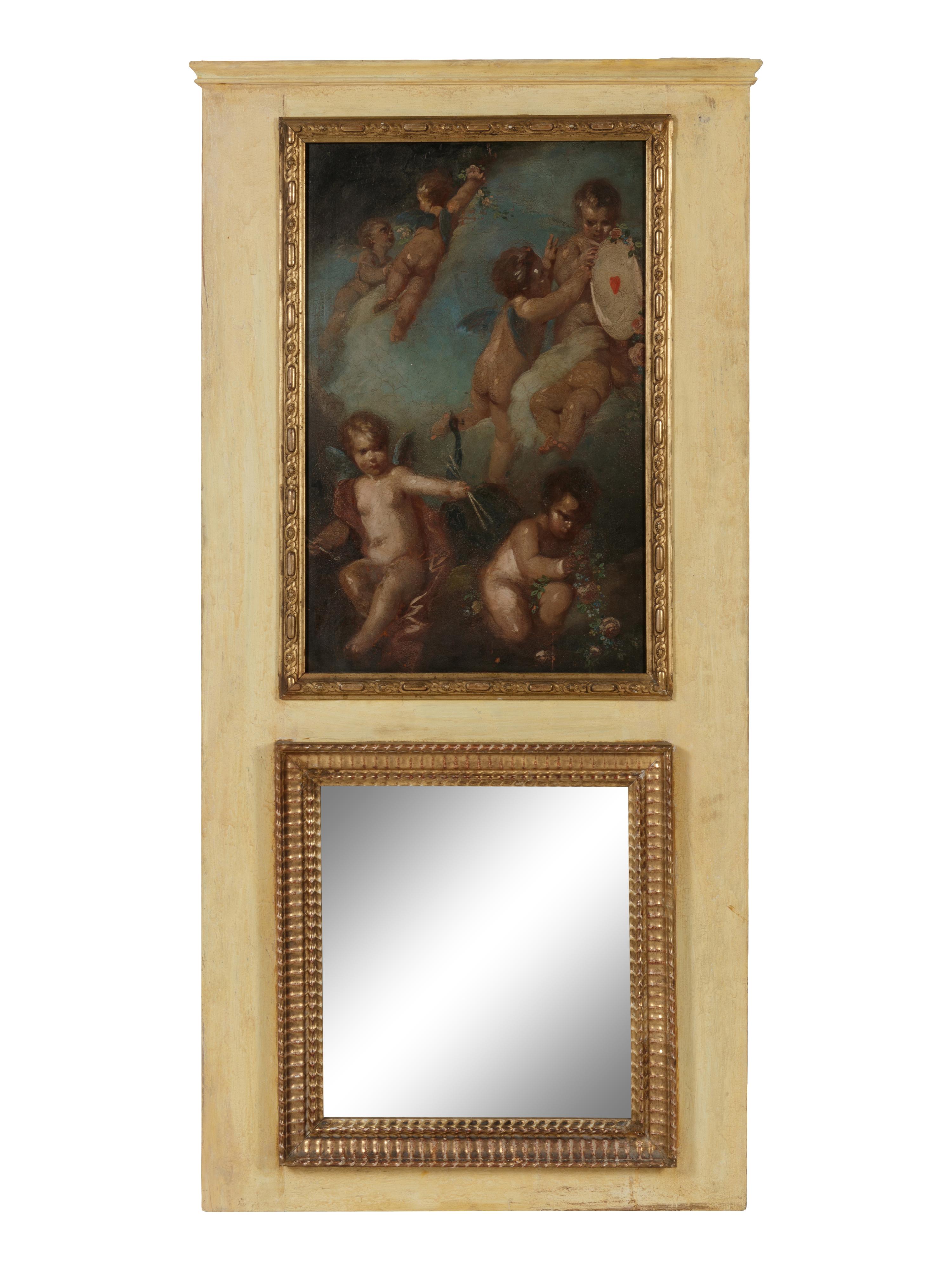 A Louis XVI Style Painted and Parcel Gilt Trumeau Mirror
