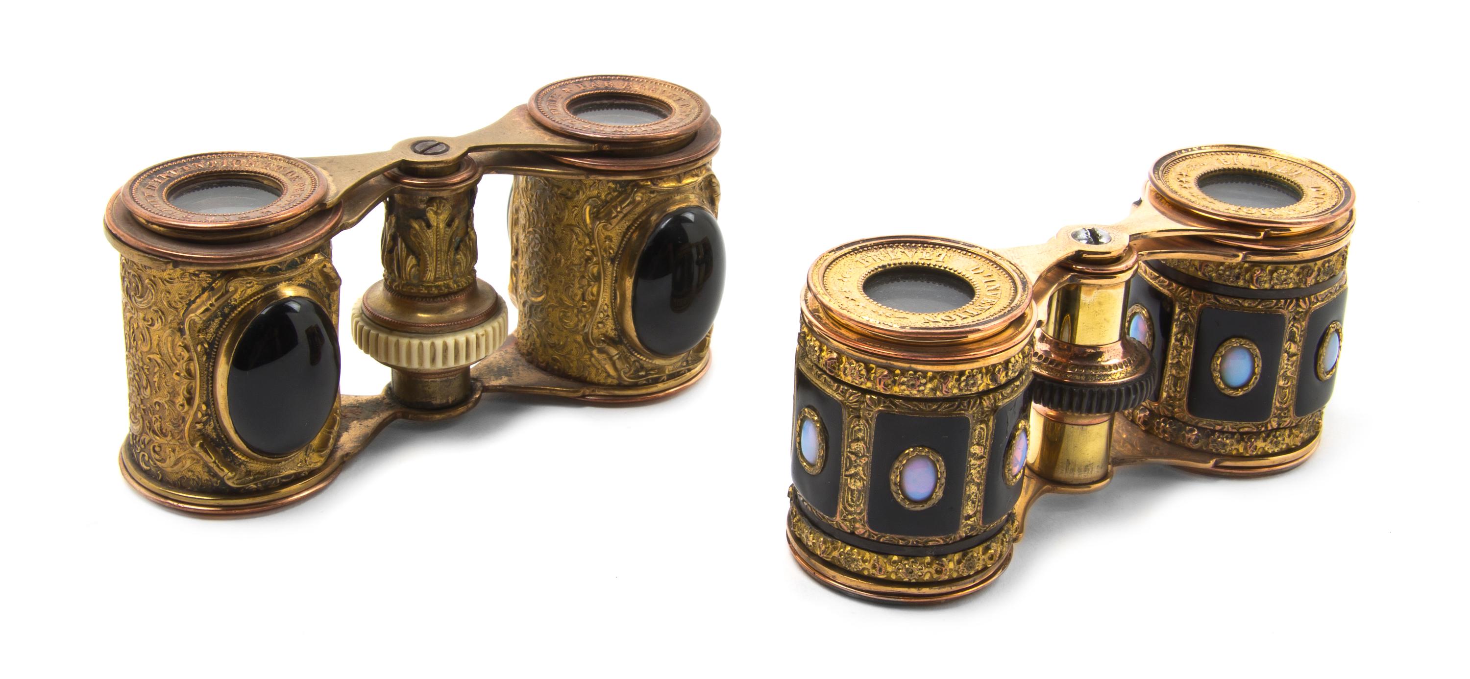 Two Pairs of French Stone Inset Opera Glasses, Width of widest 3 7/8 inches.