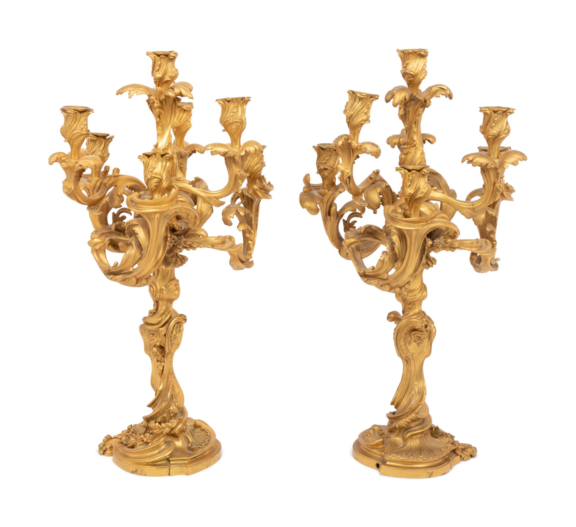 A Pair of Louis XV Style Gilt Bronze Seven-Light Candelabra