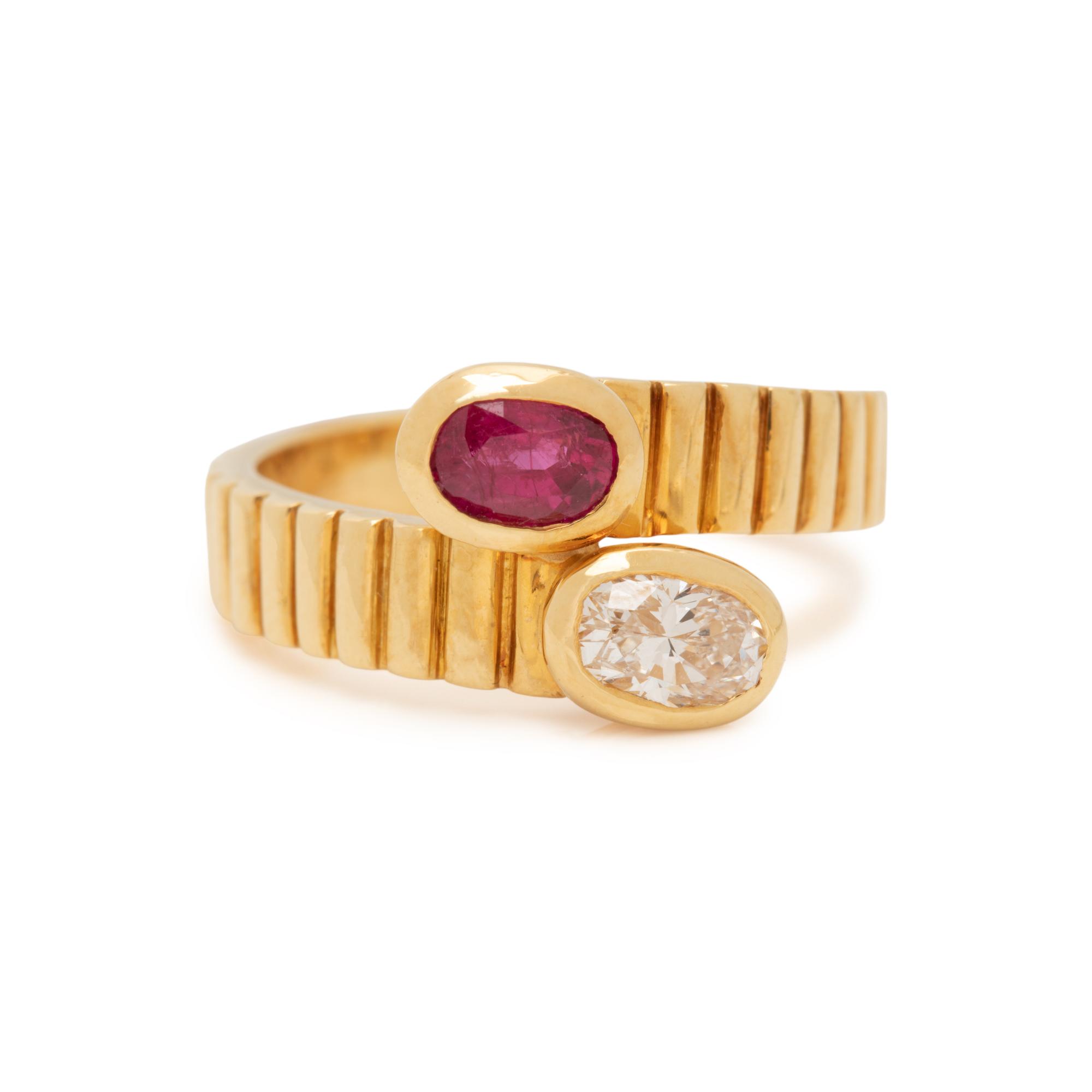 YELLOW GOLD, DIAMOND AND RUBY BYPASS RING