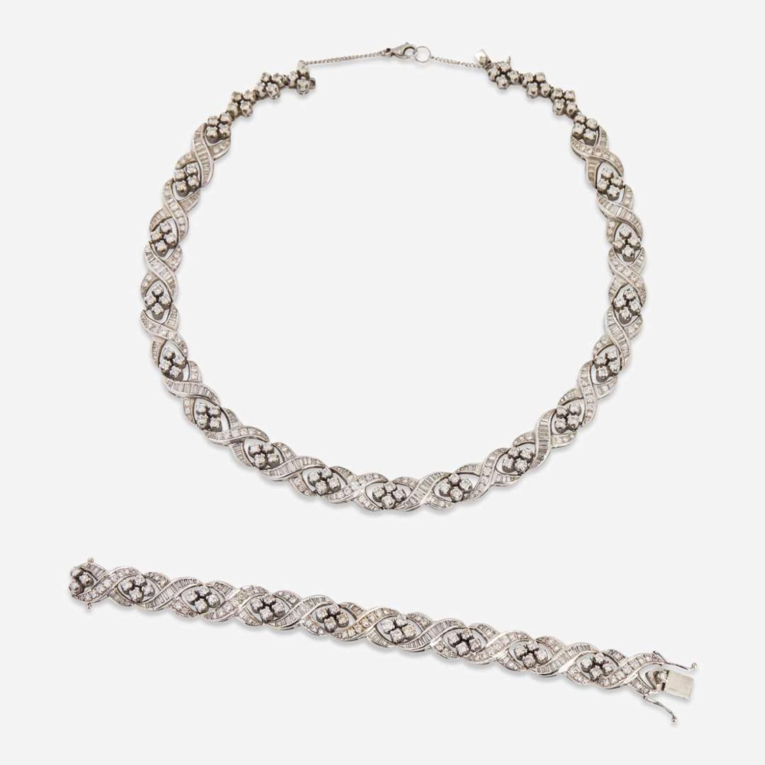 A Matching Set of 14K White Gold and Diamond Necklace and Bracelet