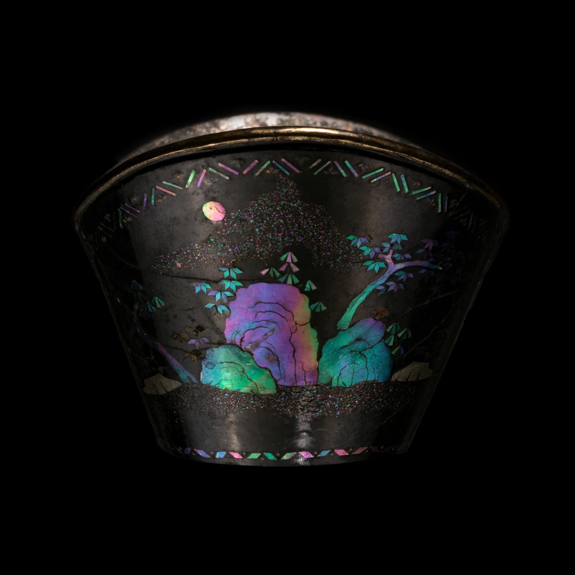 A Set of Six Mother-of-Pearl Inlaid Black Lacquer Ingot-Form Cups