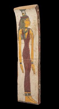 An Egyptian Painted Wood Coffin Panel Height 43 inches. — LATE PERIOD TO PTOLEMAIC PERIOD, 664-30 B.C.E.