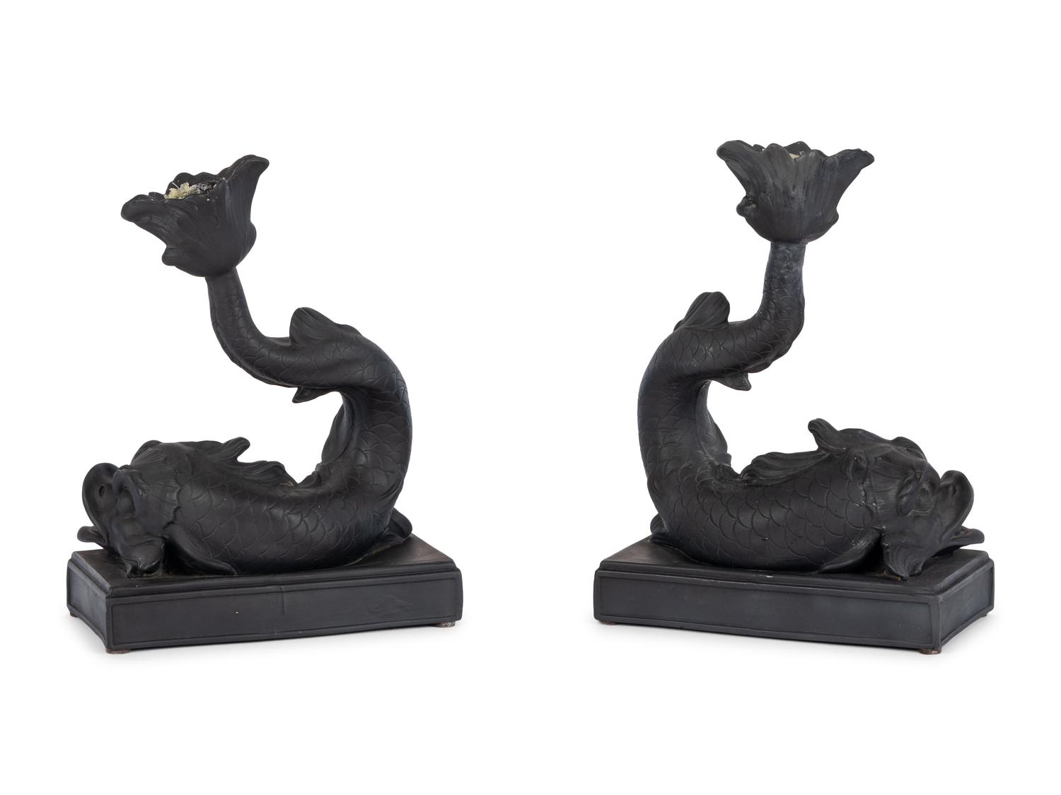 A Pair of Wedgwood Basalt Dolphin Candlesticks