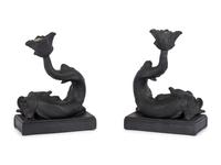 A Pair of Wedgwood Basalt Dolphin Candlesticks