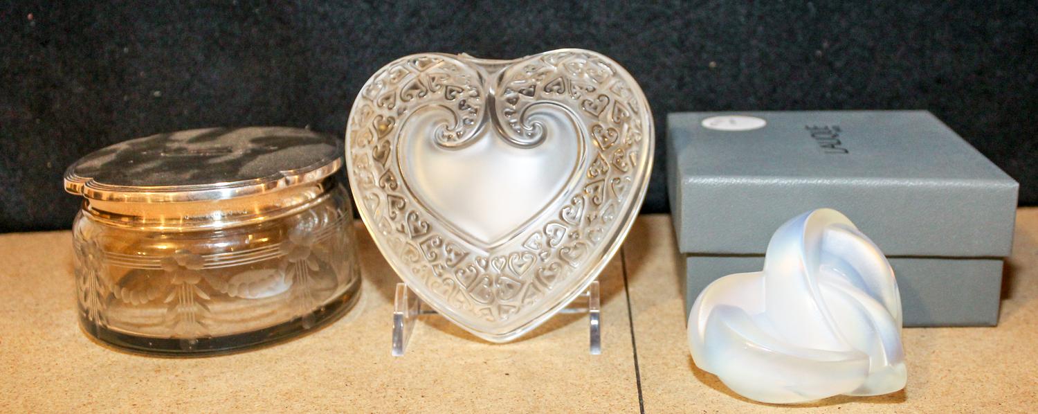 A Lalique Frosted Glass Heart Shaped Box Width of box 4 3/4 inches.
