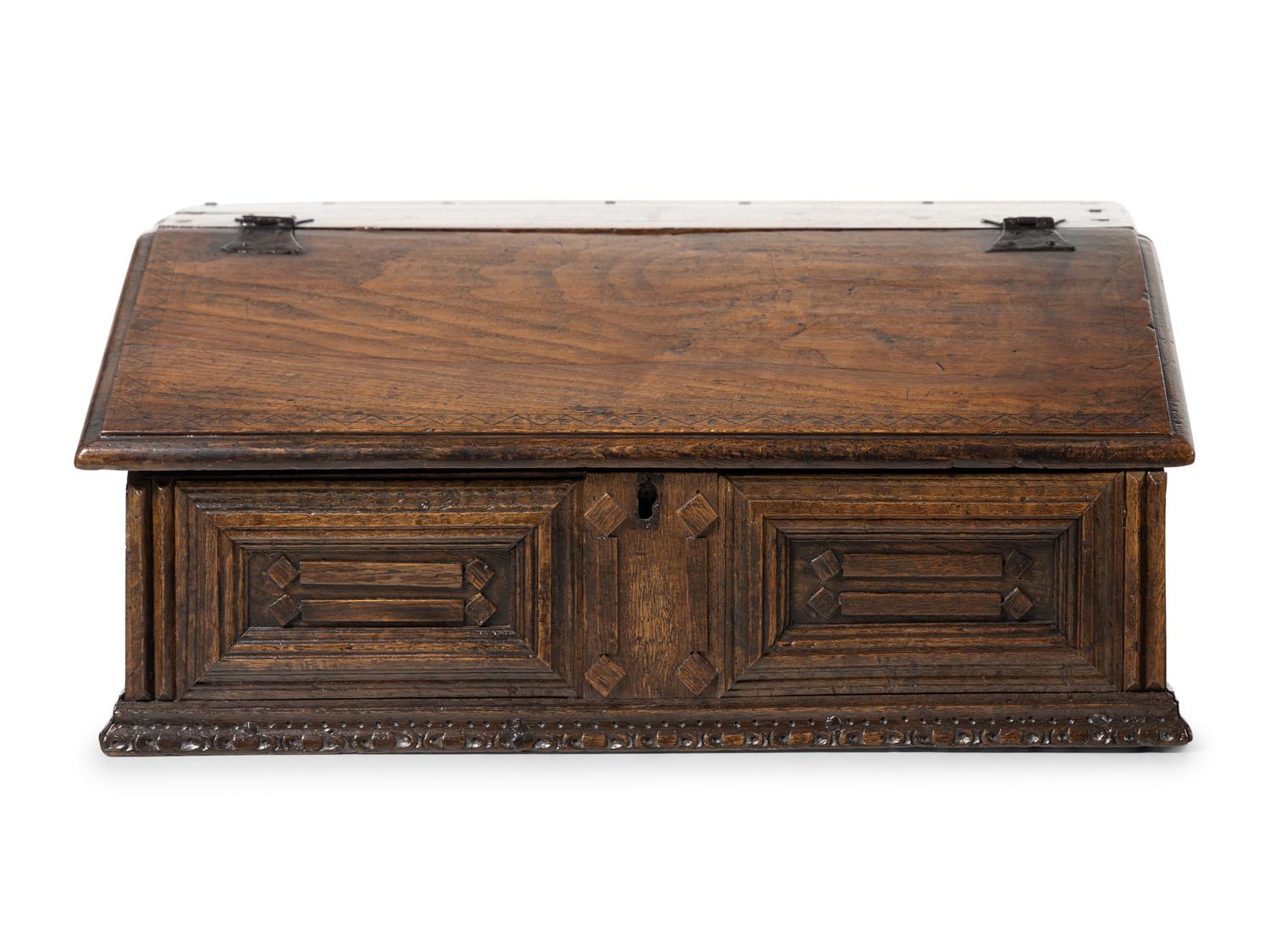 An English Carved Oak Slope-Lid Table Box