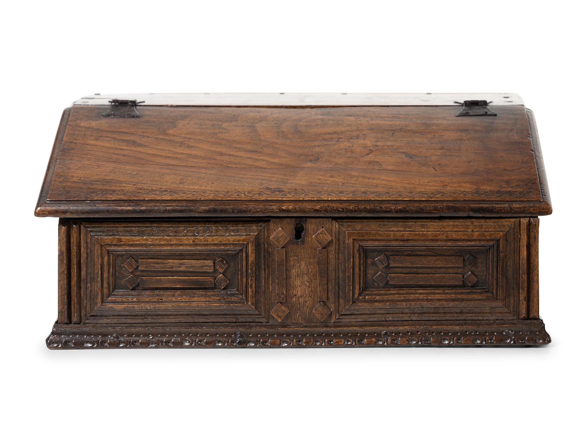 An English Carved Oak Slope-Lid Table Box