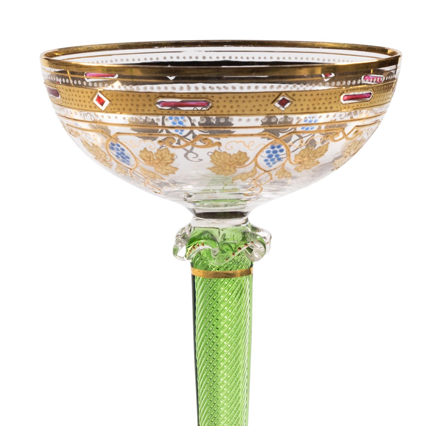 Five Continental Gilt and Enameled Twist-Stem Hock Wine Glasses