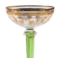 Five Continental Gilt and Enameled Twist-Stem Hock Wine Glasses