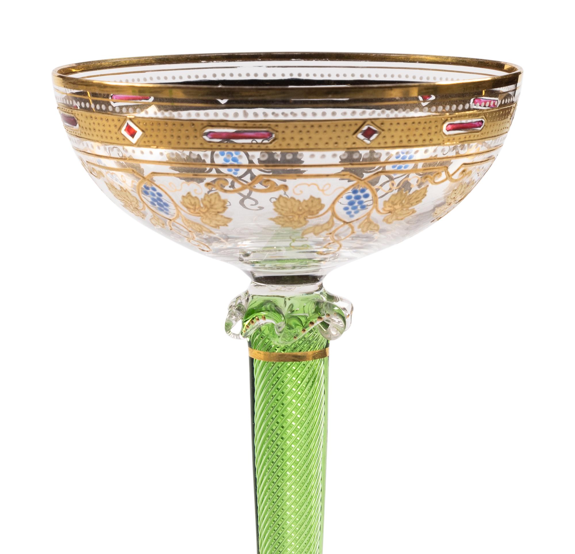 Five Continental Gilt and Enameled Twist-Stem Hock Wine Glasses