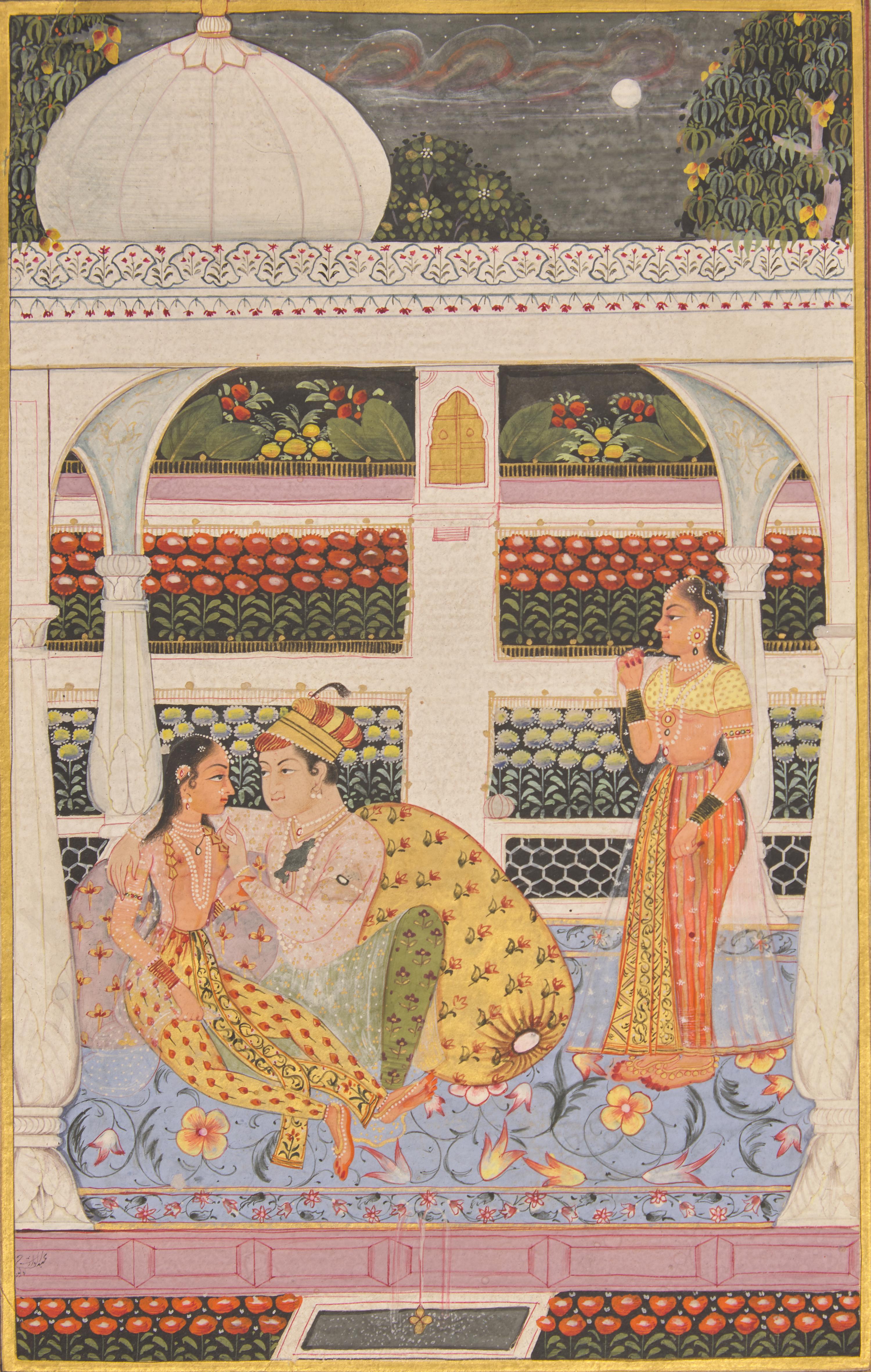 A Painting of an Amorous Scene Within the Harem of the Mughal Court, India, In the Manner of Jaipur, Rajasthan, 20th Century