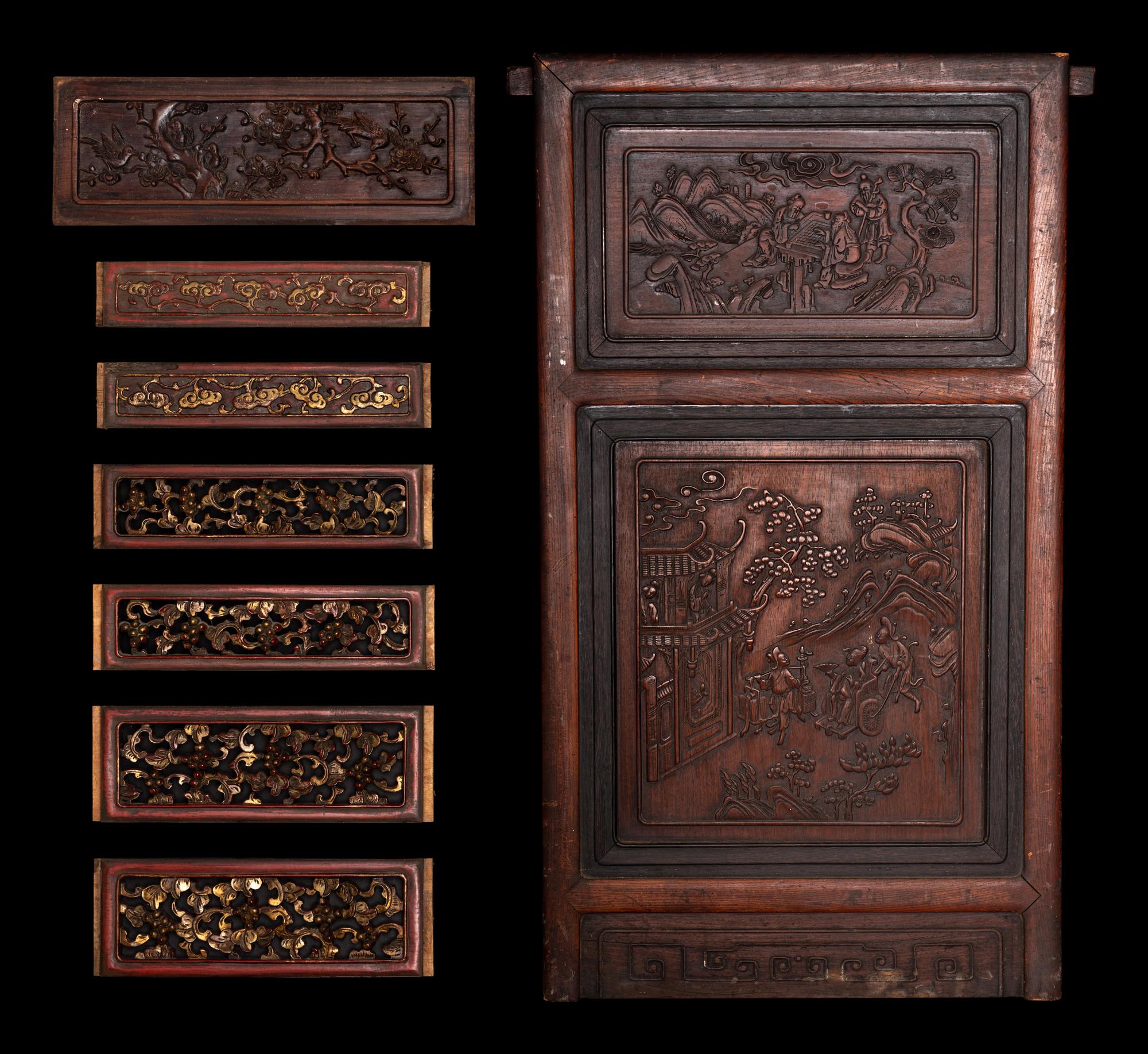 Eight Chinese Carved Wood Rectangular Panels