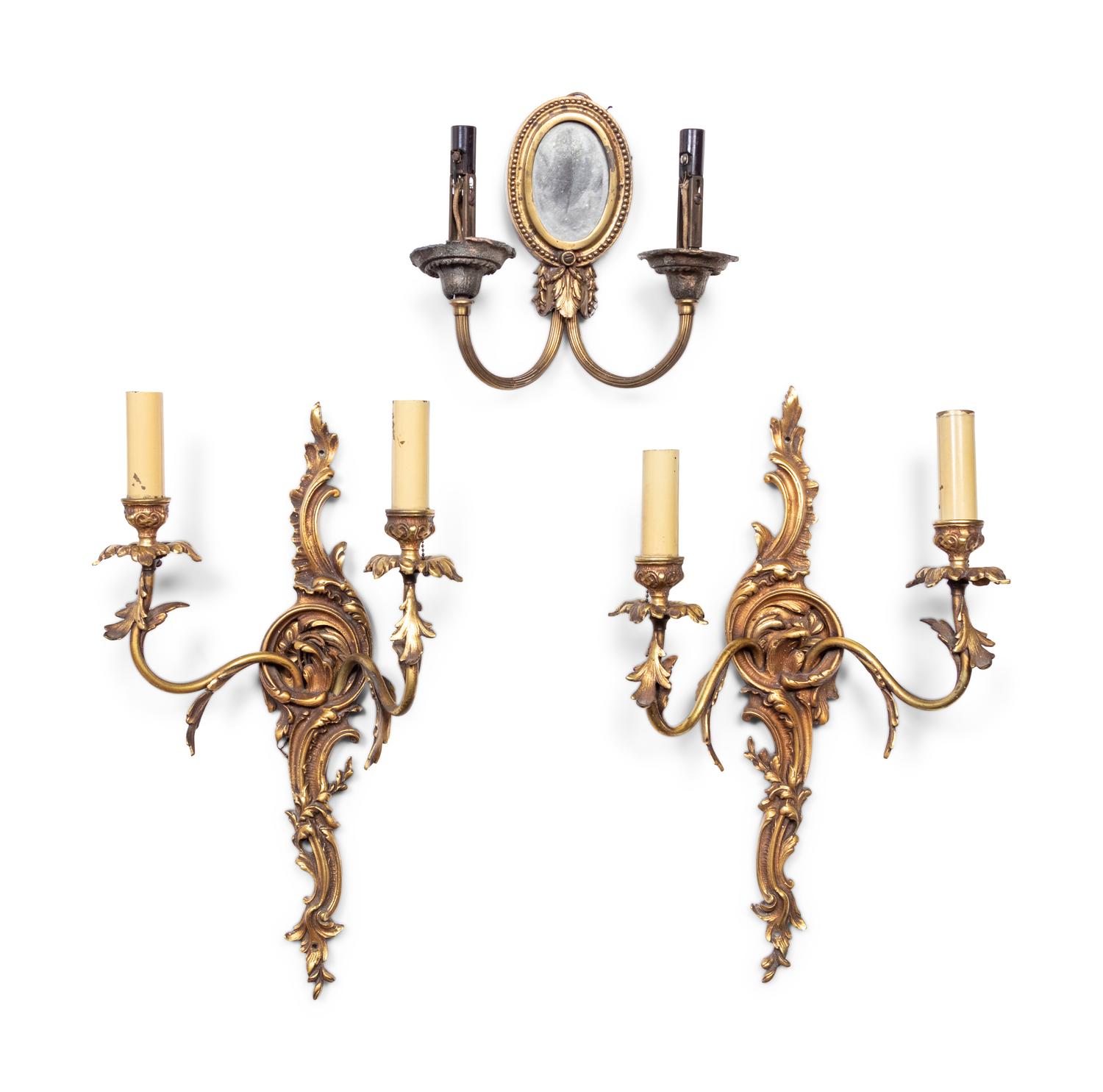 A Pair of Gilt Metal Two-Light Sconces and a Single Two-Light Sconce