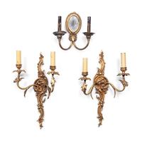 A Pair of Gilt Metal Two-Light Sconces and a Single Two-Light Sconce