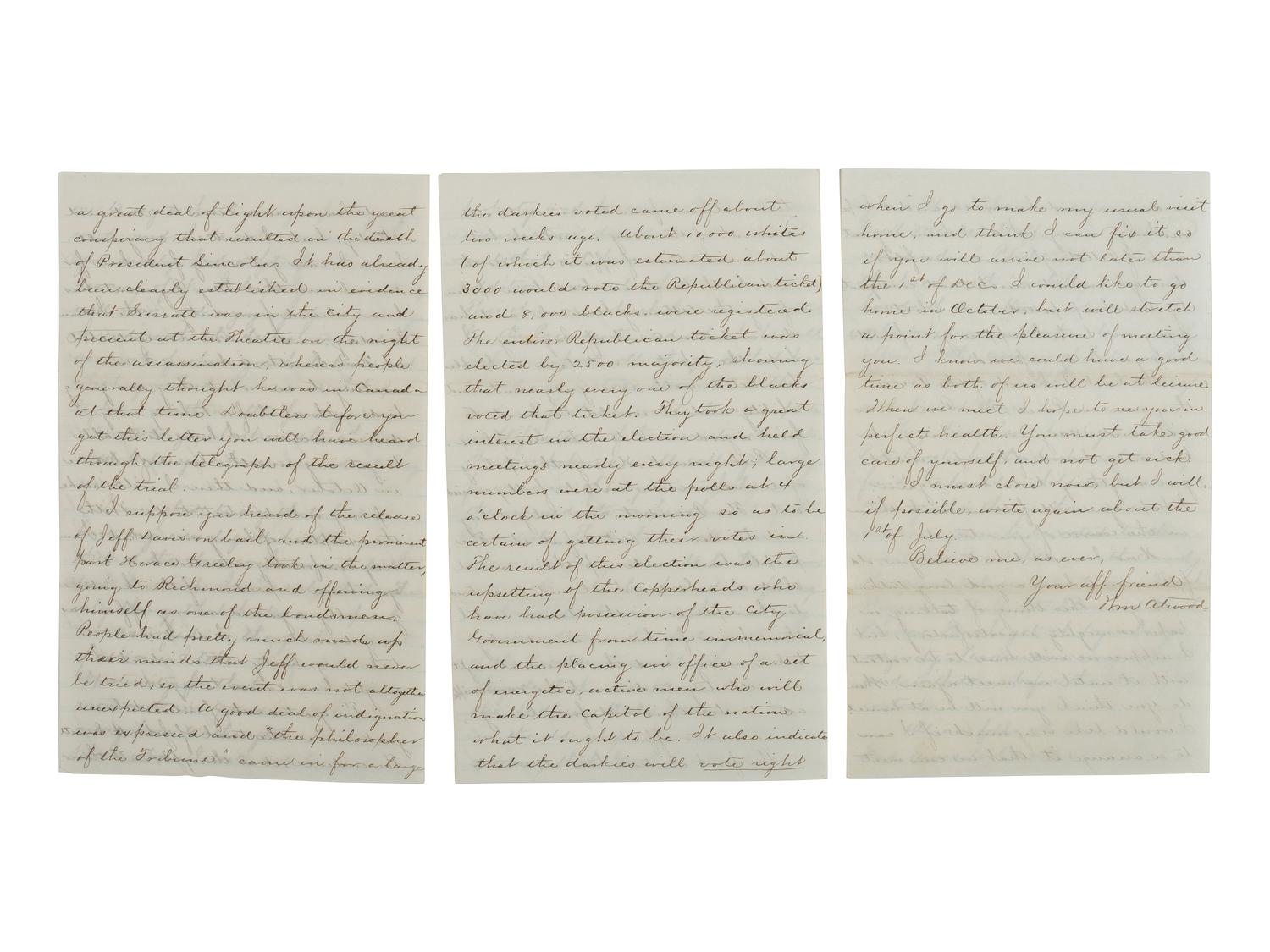 [RECONSTRUCTION -- AFRICAN AMERICAN SUFFRAGE]. Detailed letter regarding the John Surratt trial, Reconstruction politics, and the African American vote in action. Washington, 19 June 1867.