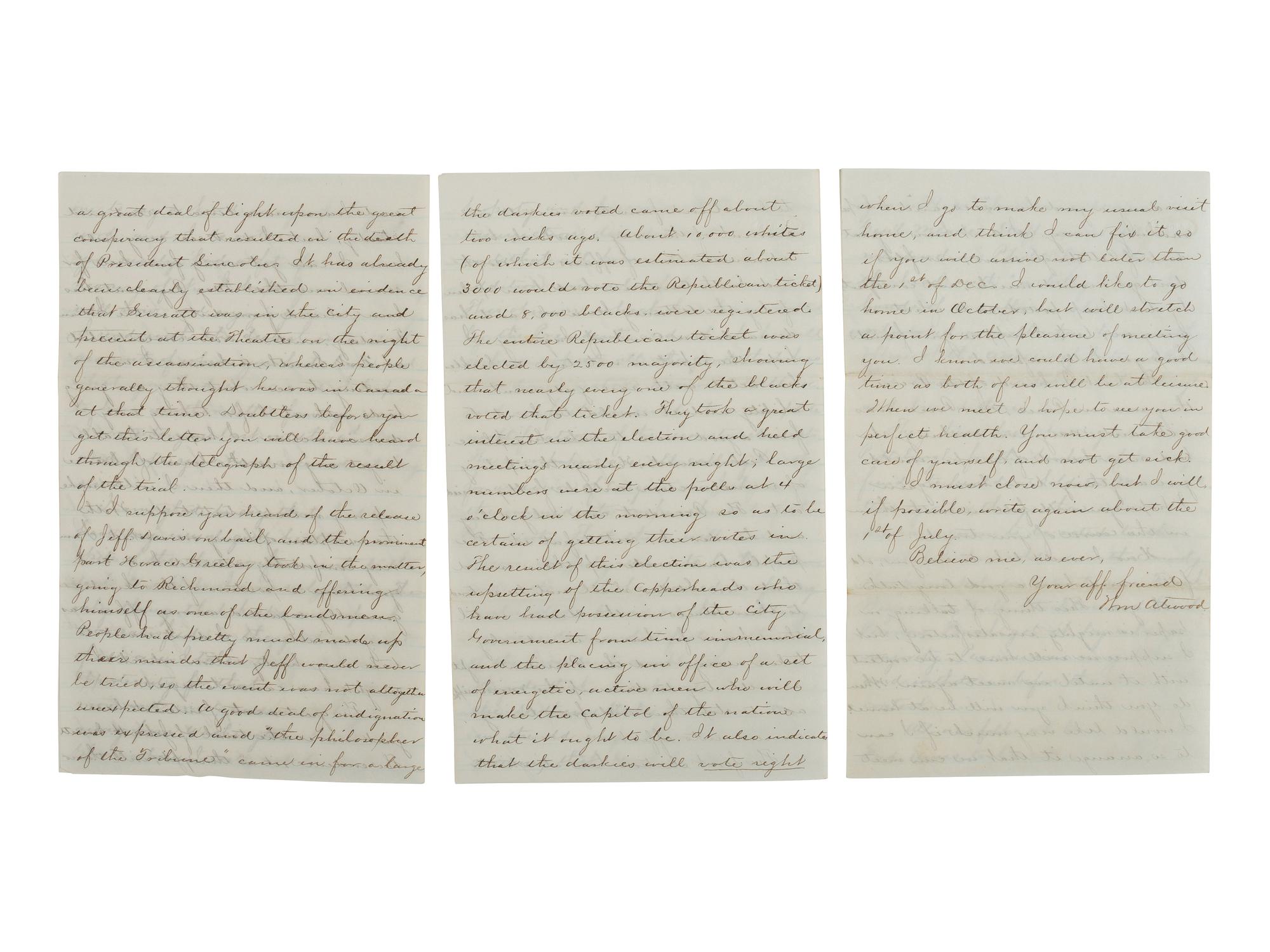 [RECONSTRUCTION -- AFRICAN AMERICAN SUFFRAGE]. Detailed letter regarding the John Surratt trial, Reconstruction politics, and the African American vote in action. Washington, 19 June 1867.