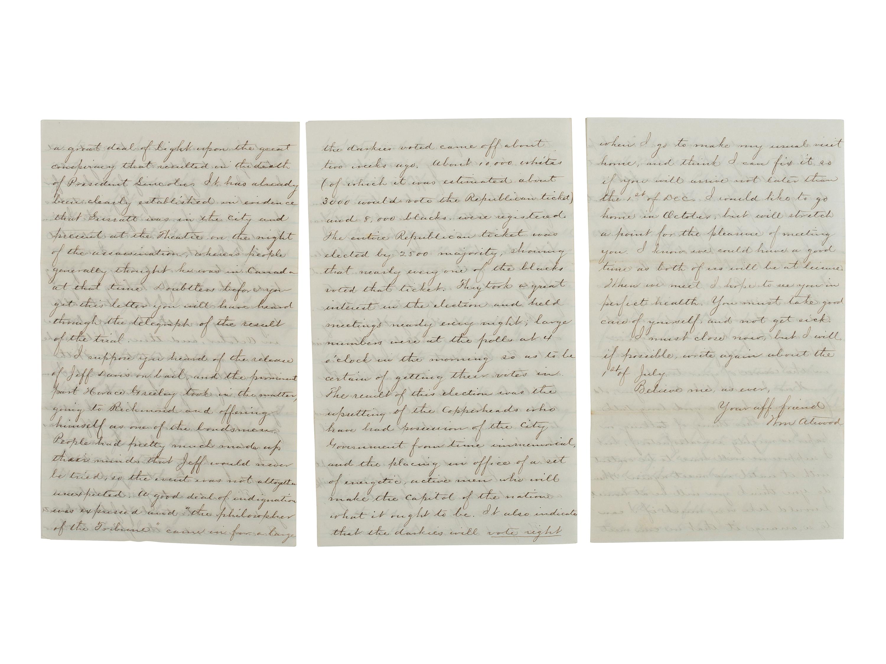 [RECONSTRUCTION -- AFRICAN AMERICAN SUFFRAGE]. Detailed letter regarding the John Surratt trial, Reconstruction politics, and the African American vote in action. Washington, 19 June 1867.