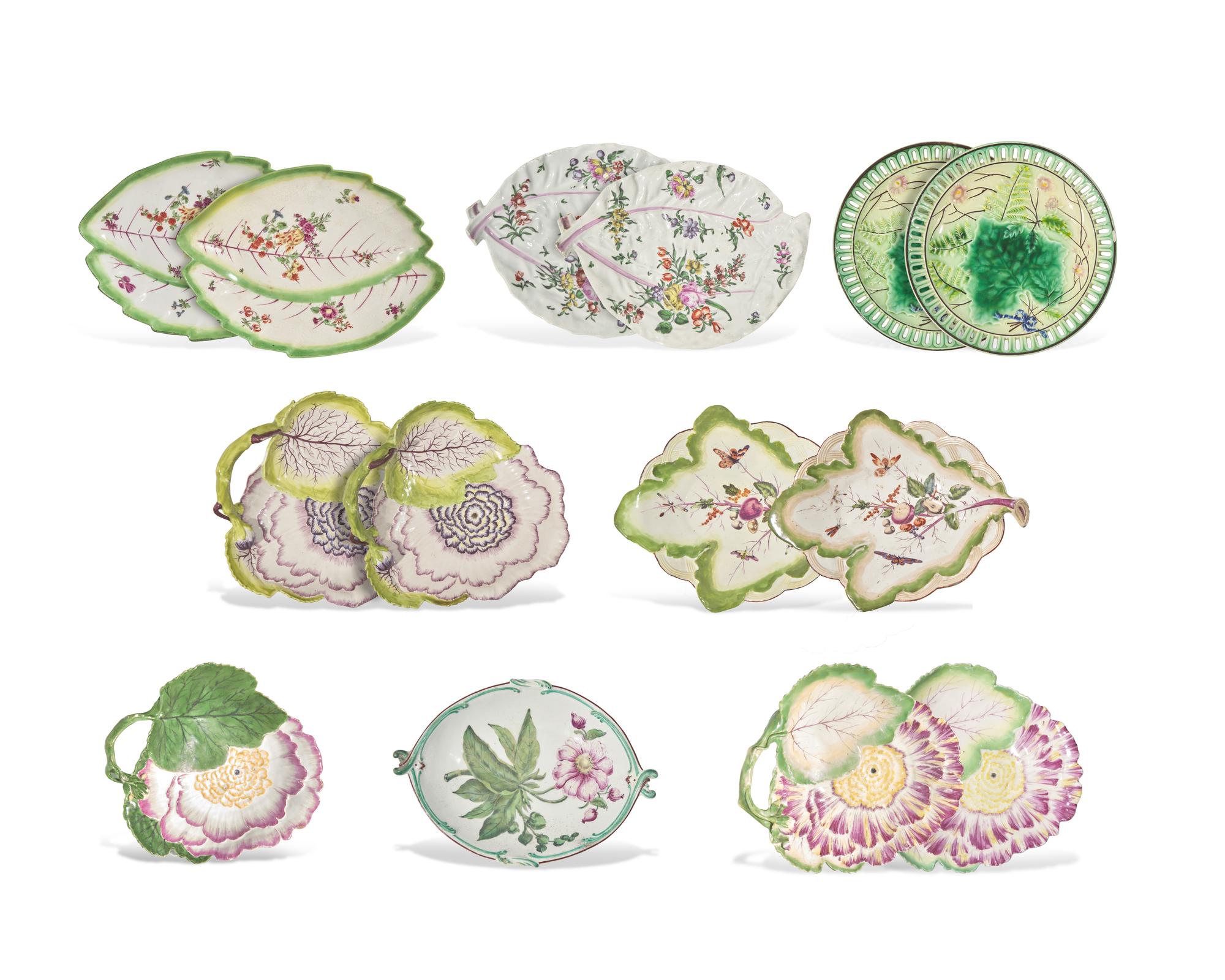 A collection of twelve English soft-paste porcelain leaf and floral-form plates, Chelsea, Worcester, Derby, and other, circa 1755-1770