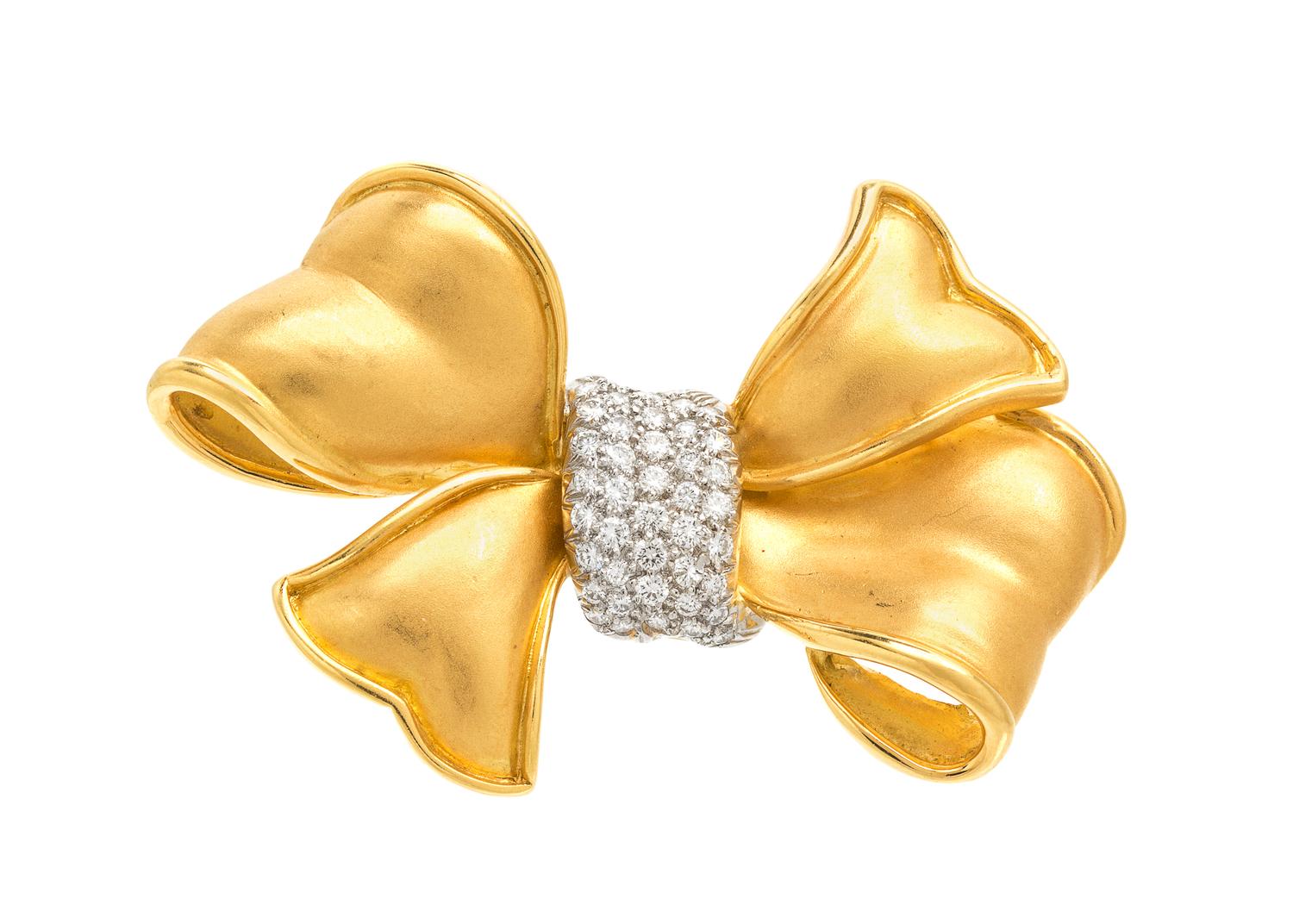 An 18 Karat Yellow Gold, Platinum and Diamond Bow Brooch, 16.30 dwts.