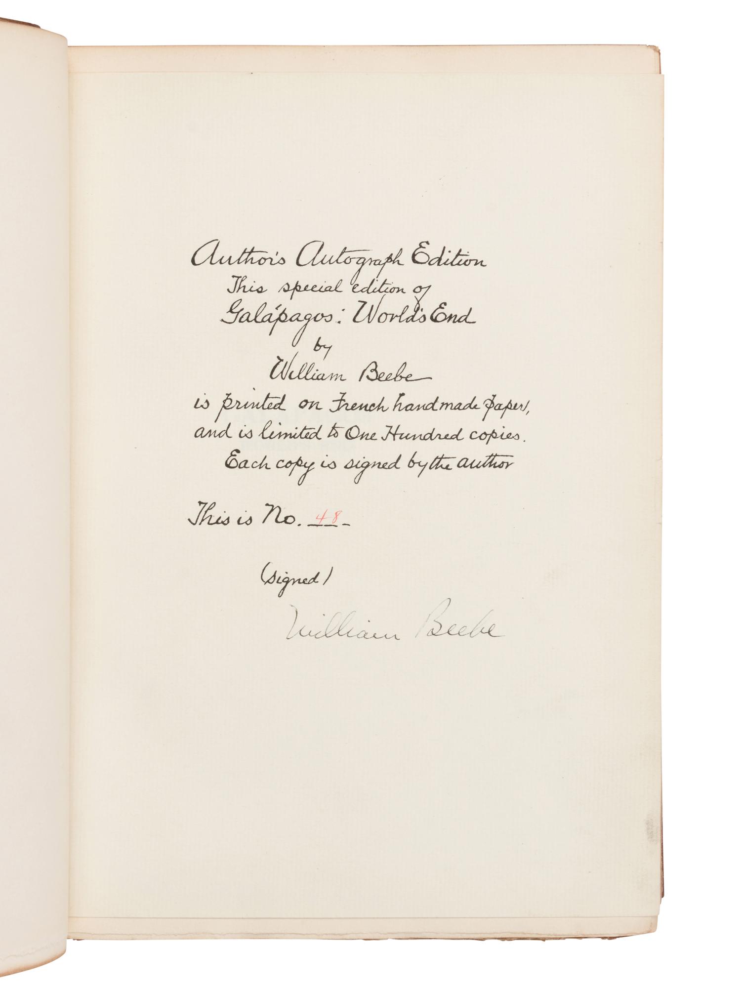 [NATURAL HISTORY]. BEEBE, Charles William (1877-1962). Galapagos. World's End . New York: Knickerbocker Press for G.P. Putnam's, 1924.