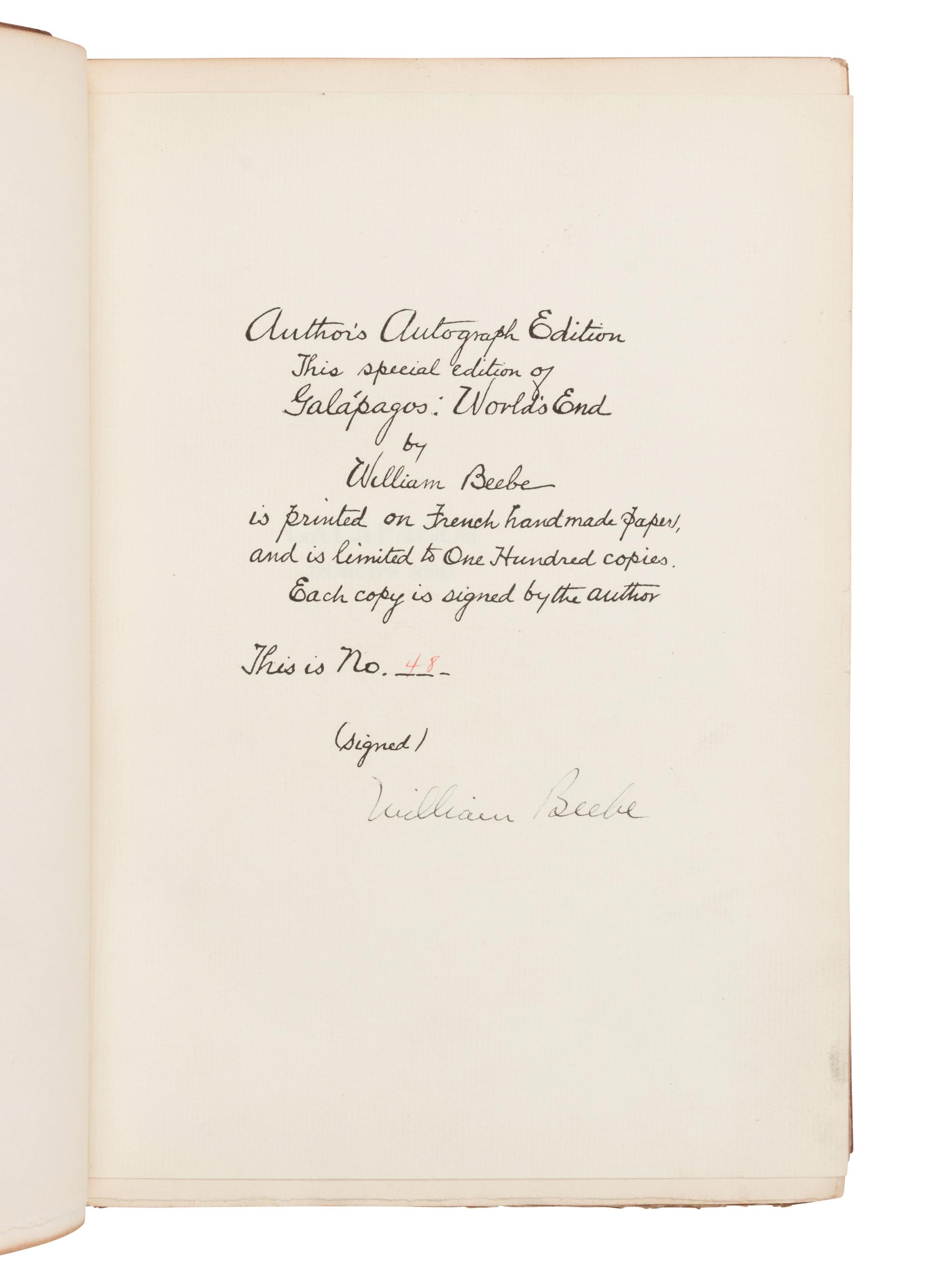 [NATURAL HISTORY]. BEEBE, Charles William (1877-1962). Galapagos. World's End . New York: Knickerbocker Press for G.P. Putnam's, 1924.