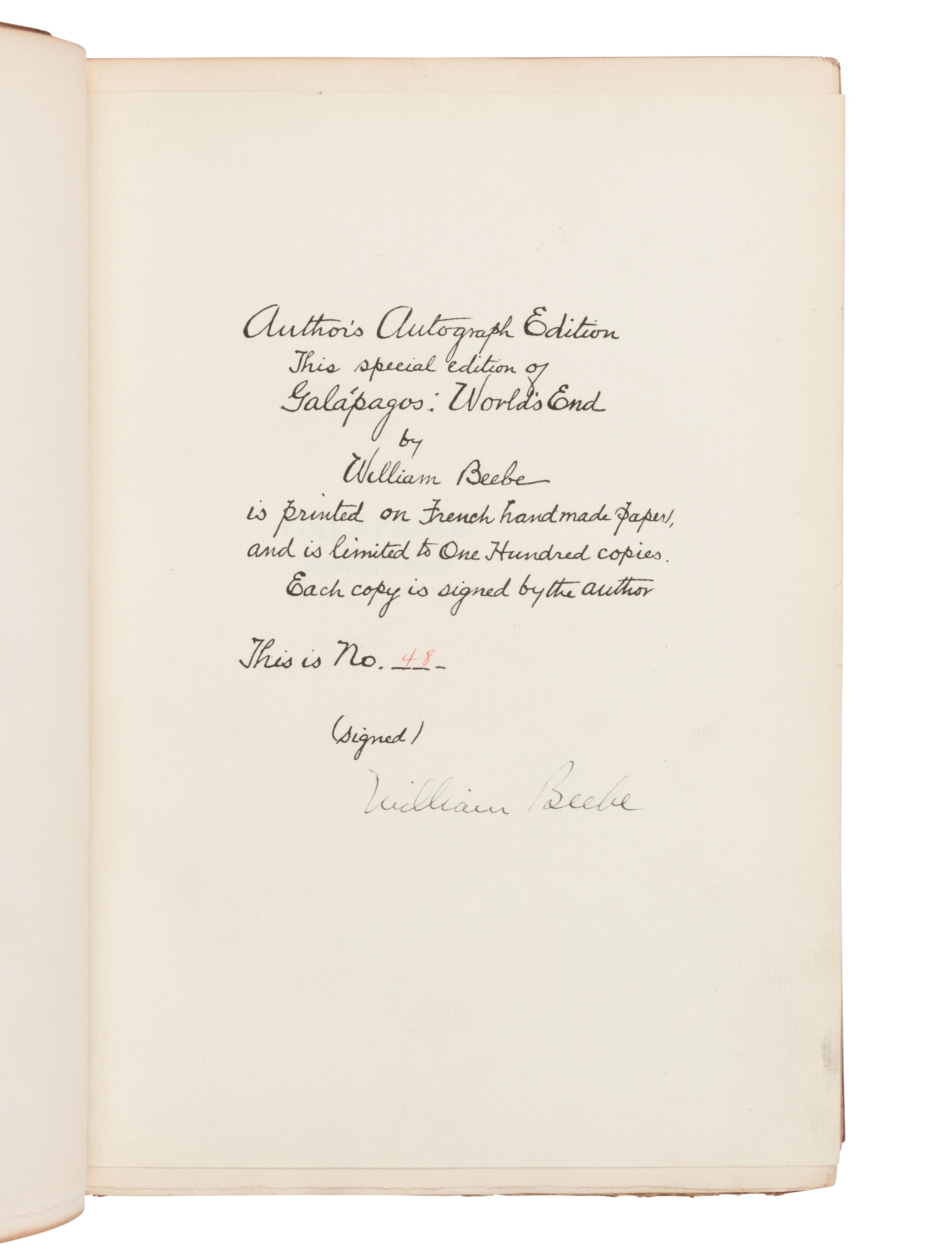 [NATURAL HISTORY]. BEEBE, Charles William (1877-1962). Galapagos. World's End . New York: Knickerbocker Press for G.P. Putnam's, 1924.