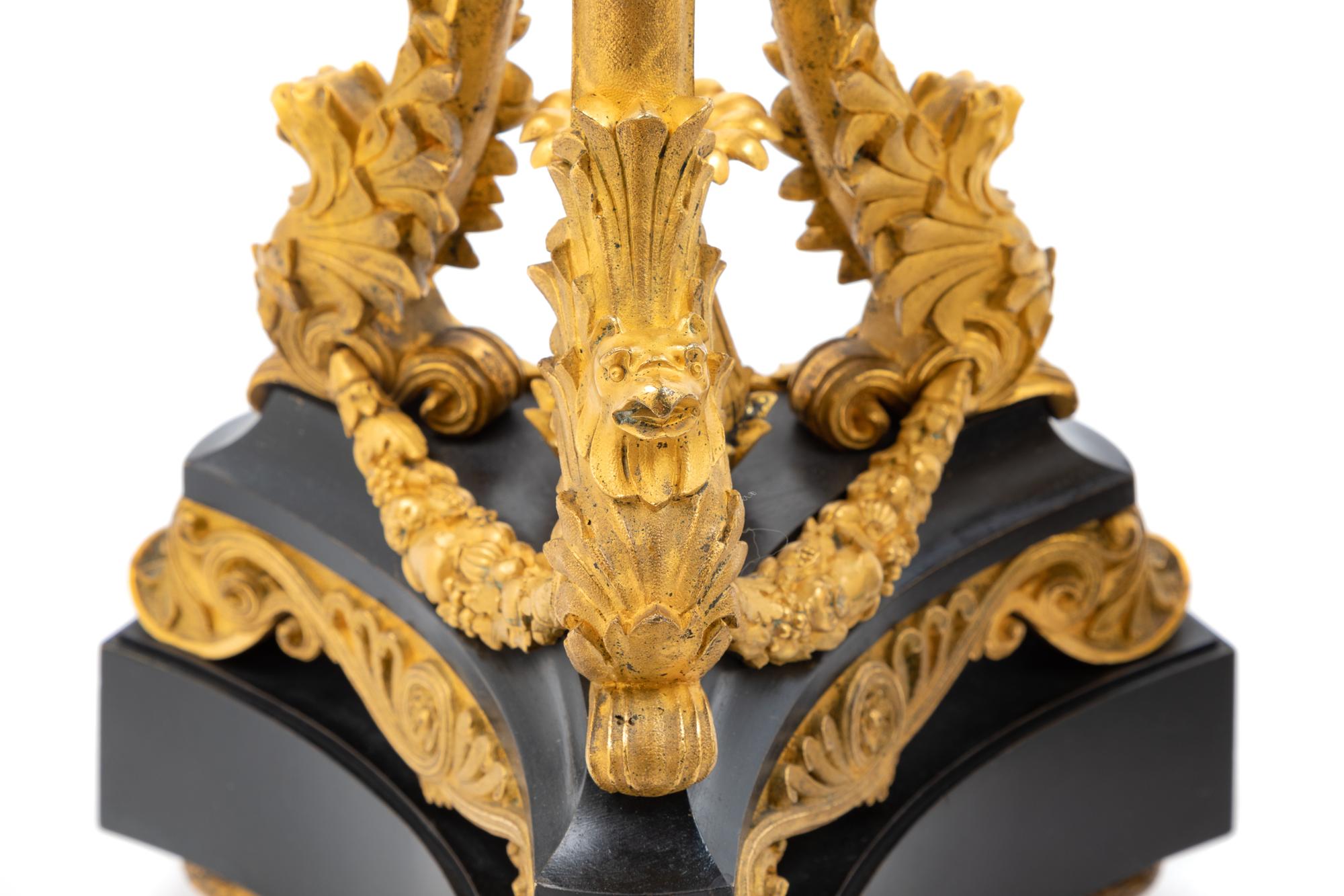 A Pair of Empire Style Gilt Bronze and Slate Candlesticks Height 14 1/8 inches. — 19TH CENTURY