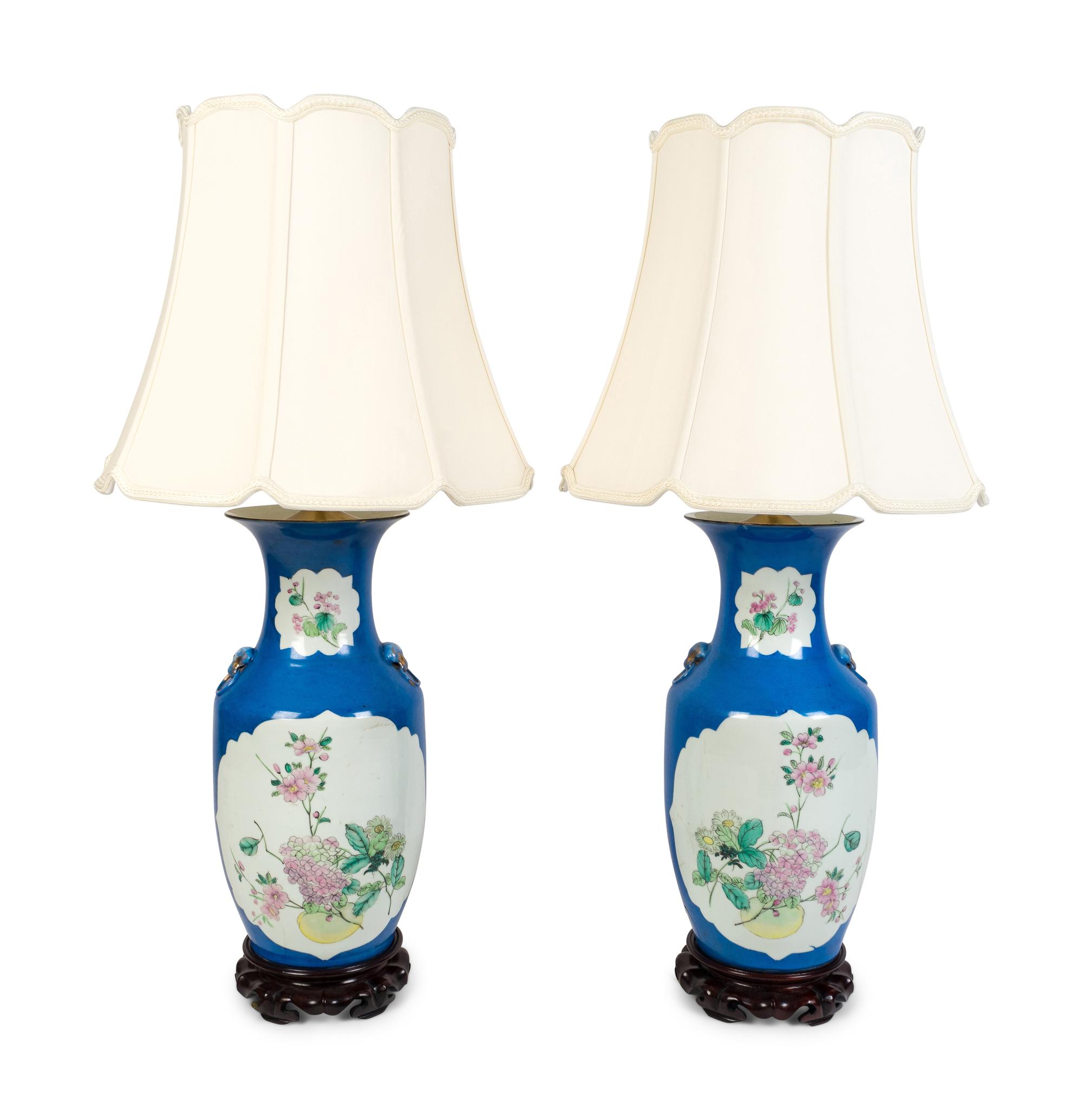 A Pair of Chinese Export Porcelain Vases Mounted as Lamps