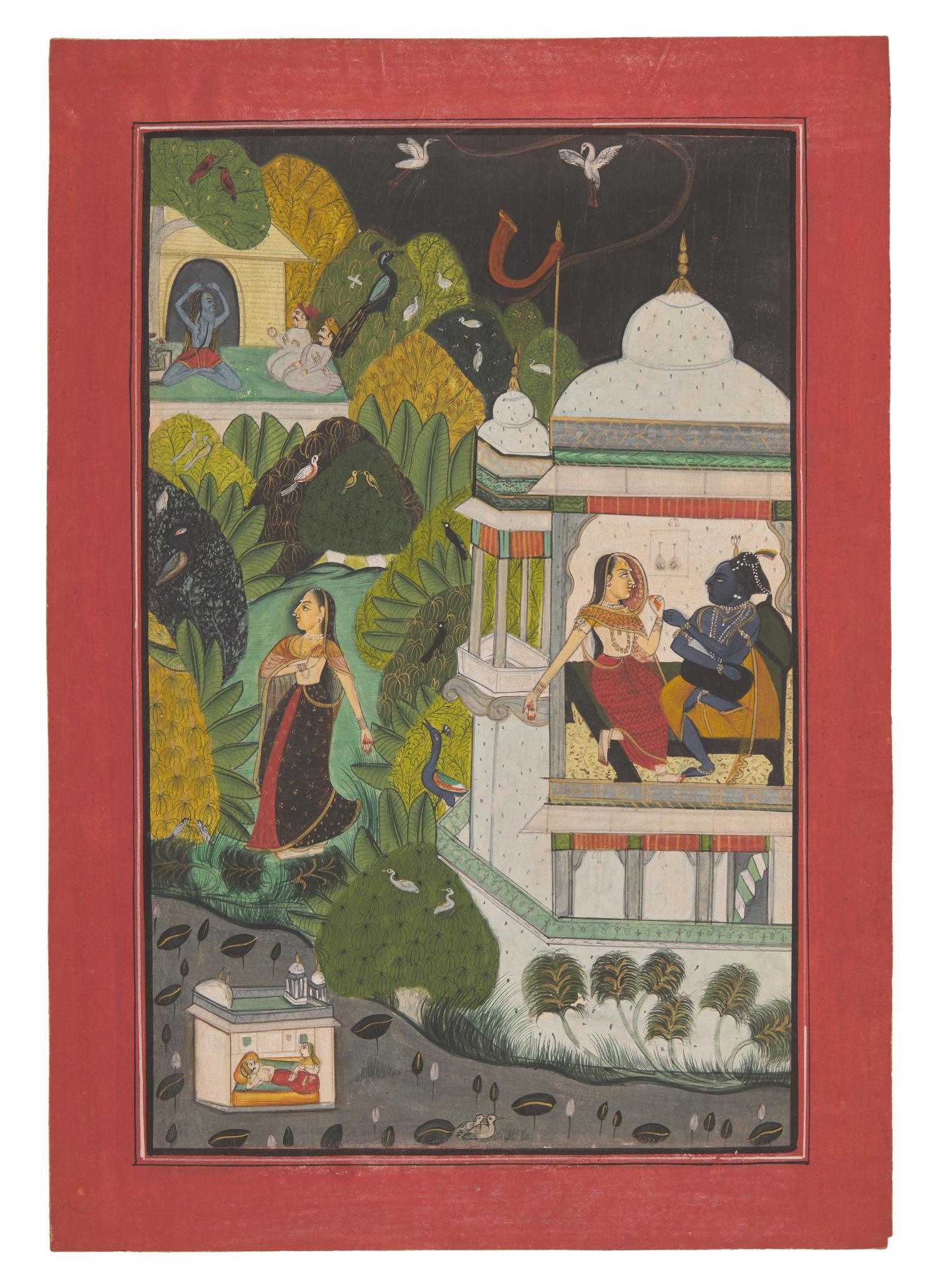 A Painting of Radha and Krishna Standing on a Projecting Balcony and A Painting of Radha and Krishna Seated Under a Dome, Probably Udaipur or Jaipur, India, 20th Century