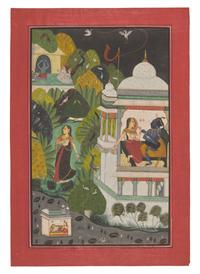 A Painting of Radha and Krishna Standing on a Projecting Balcony and A Painting of Radha and Krishna Seated Under a Dome, Probably Udaipur or Jaipur, India, 20th Century