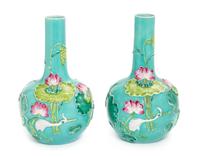 A Pair of Chinese Fahua Style Porcelain Bottle Vases