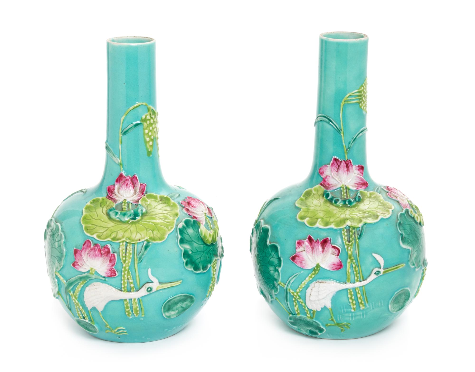 A Pair of Chinese Fahua Style Porcelain Bottle Vases