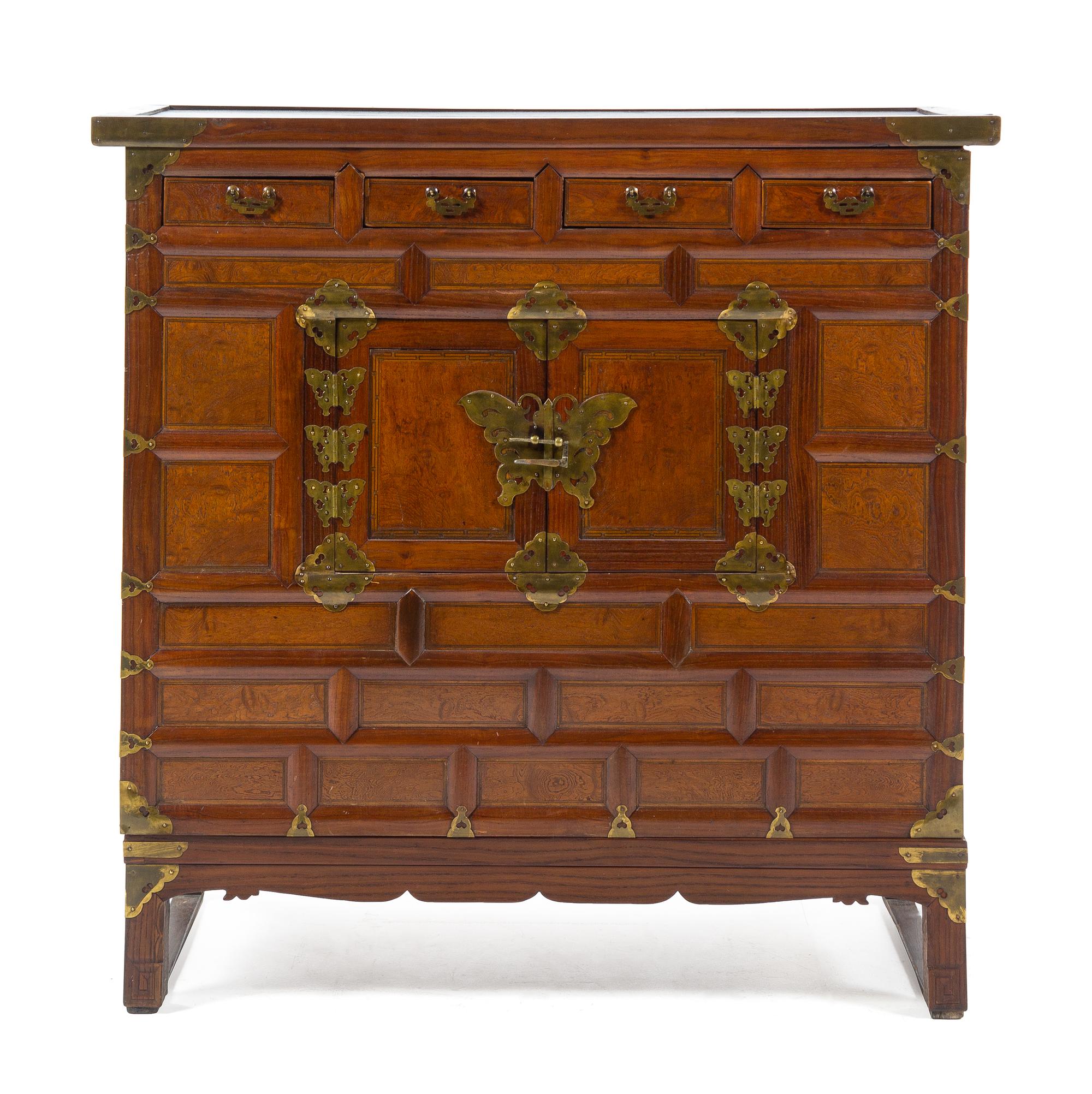 A Korean Brass Mounted Elmwood Cabinet Height 37 3/4 x width 38 x depth 17 3/4 inches. — 2OTH CENTURY
