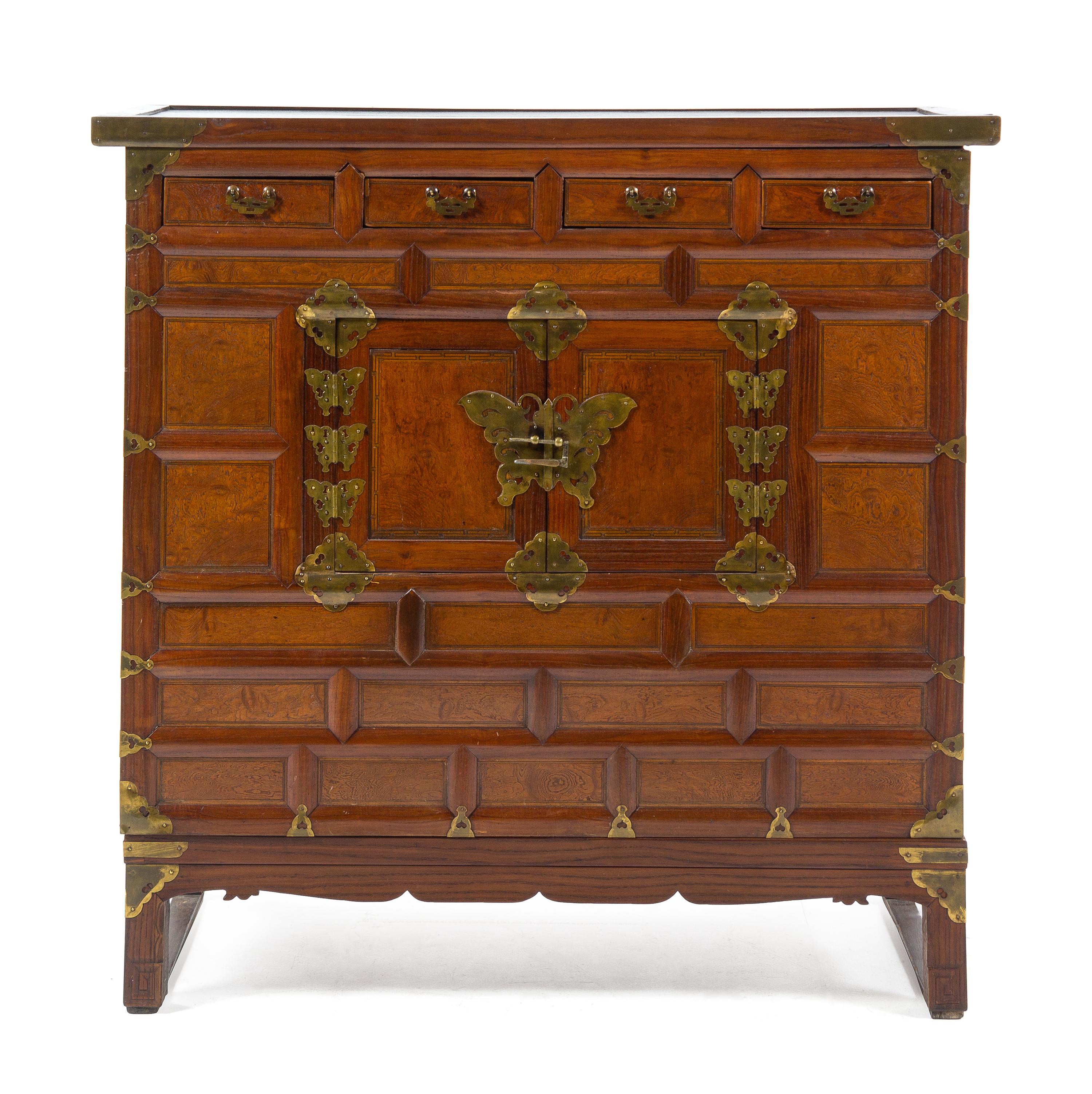 A Korean Brass Mounted Elmwood Cabinet Height 37 3/4 x width 38 x depth 17 3/4 inches. — 2OTH CENTURY