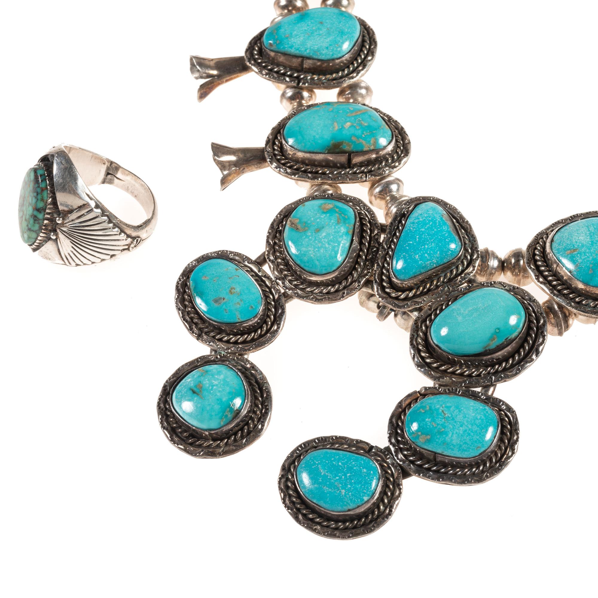 Navajo Silver and Turquoise Squash Blossom Necklace AND Turquoise Ring