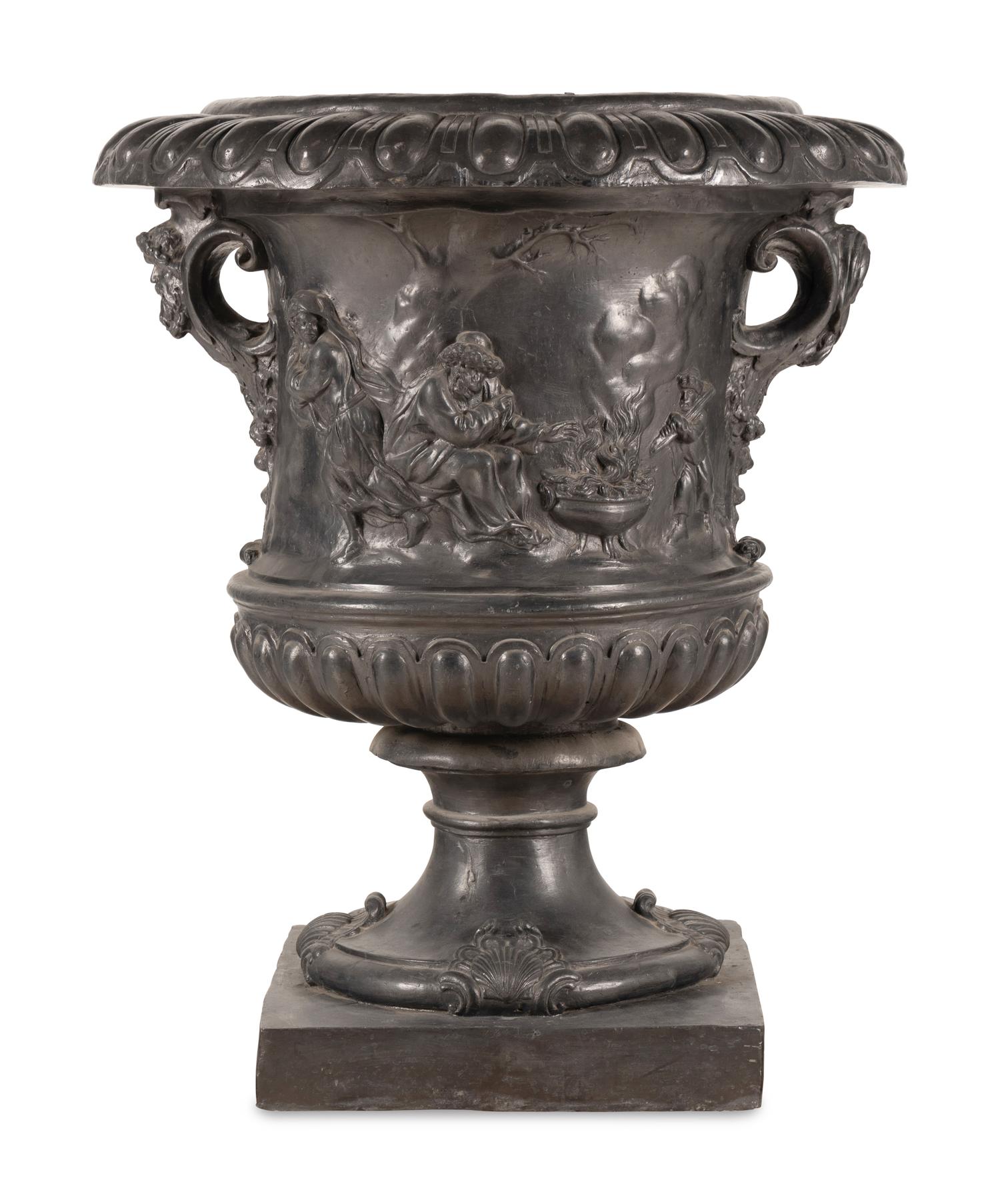 A Pair of English Lead Allegorical Garden Urns