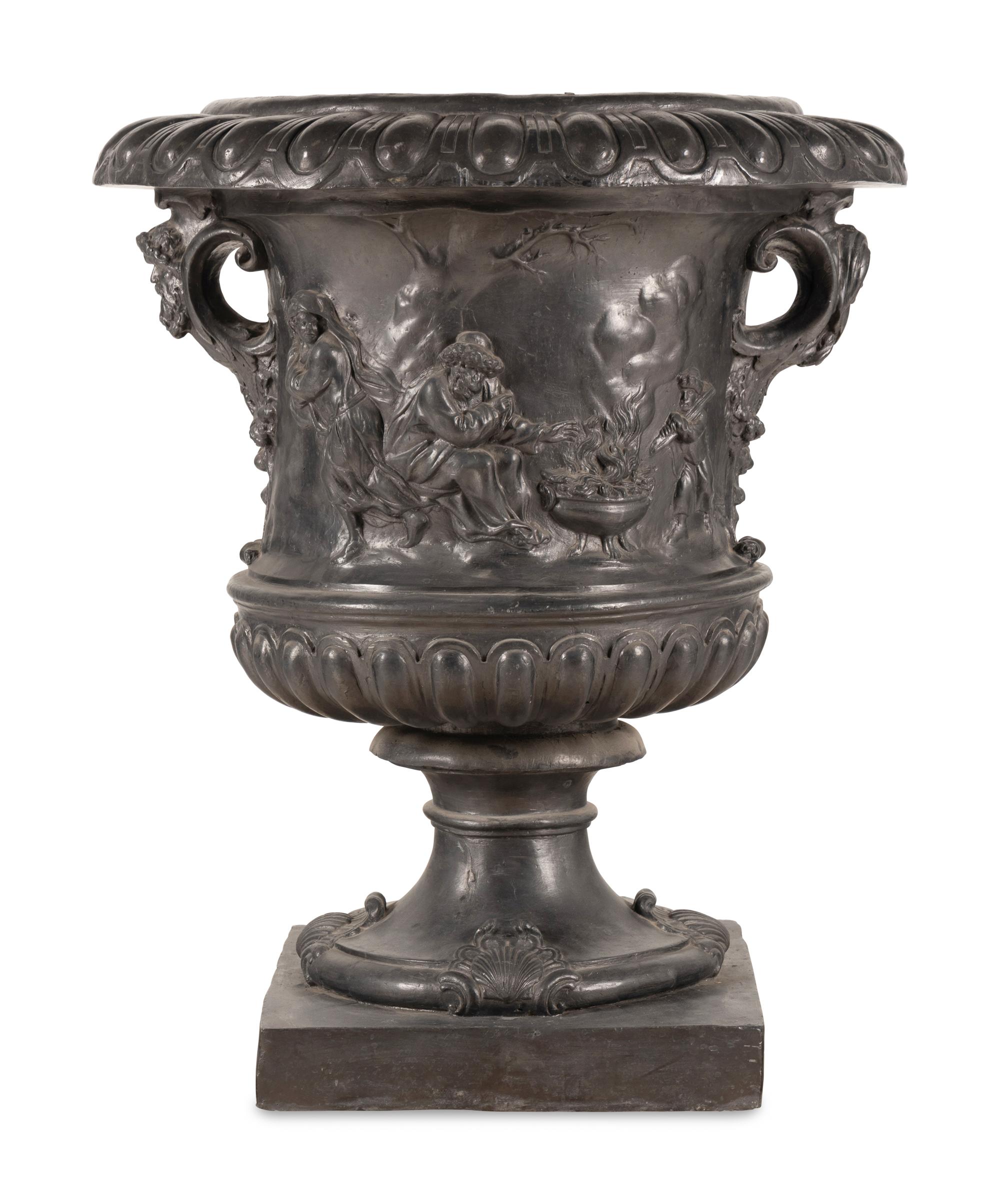 A Pair of English Lead Allegorical Garden Urns
