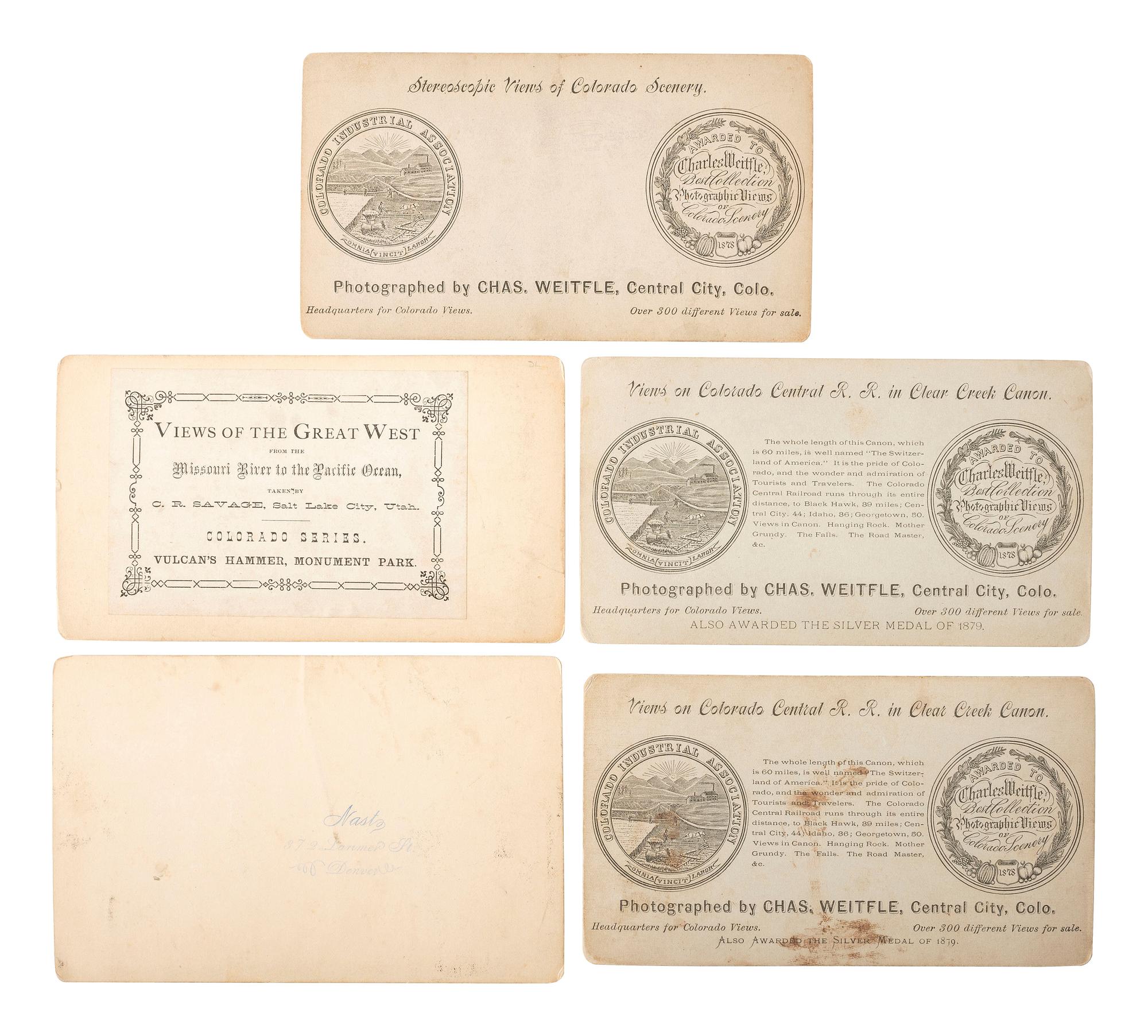 [WESTERN AMERICANA]. WEITFLE, Charles (1836-1921), photographer. A group of 7 stereoviews of Colorado, incl. a group of miners and adventurers traveling by horse-drawn wagon.