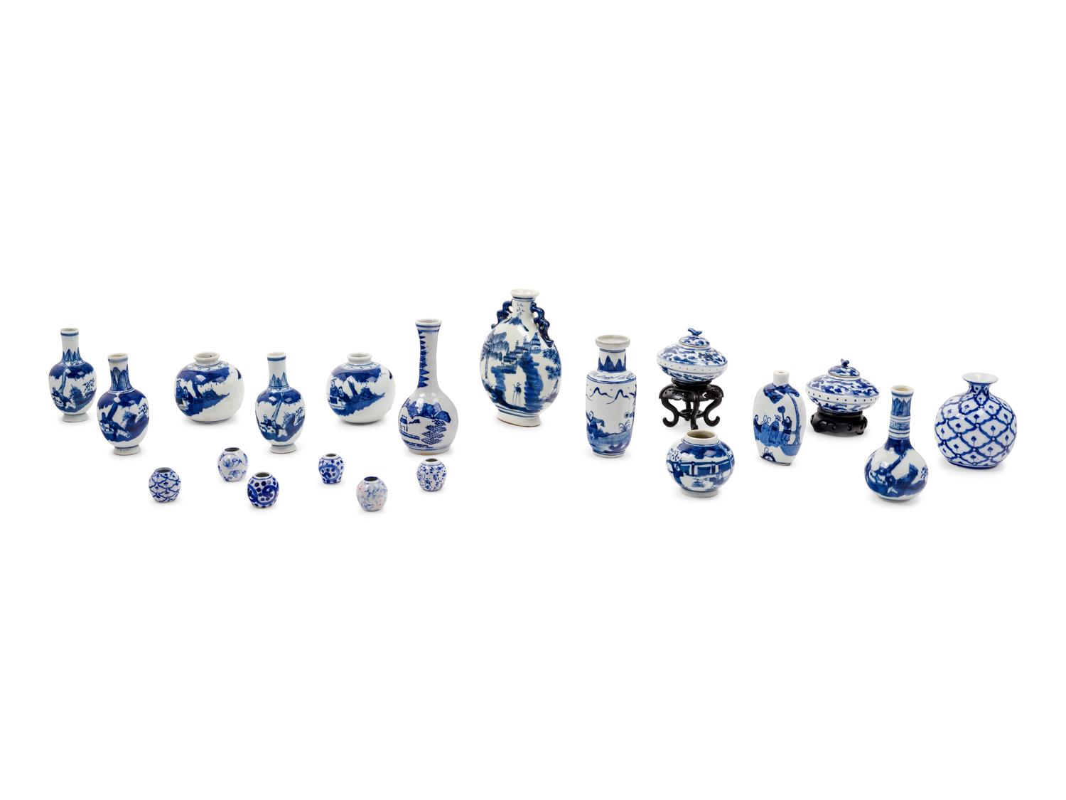 Twenty Small Blue and White Porcelain Vessels