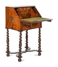 A William and Mary Walnut Slant-Front Bureau on Later Stand