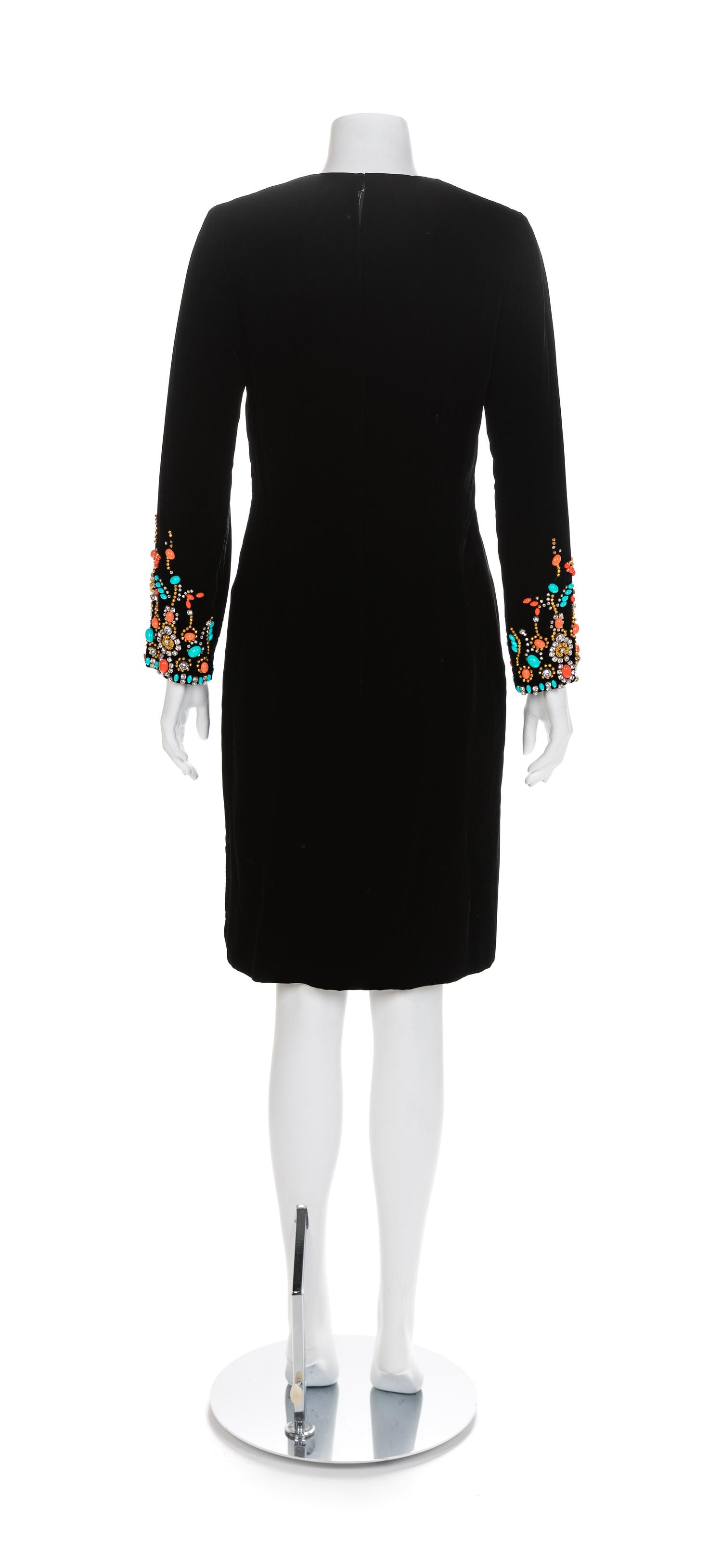 Kiki Hart Black Velvet Dress With Jeweled Cuffs, 1960-70s Size label: 6