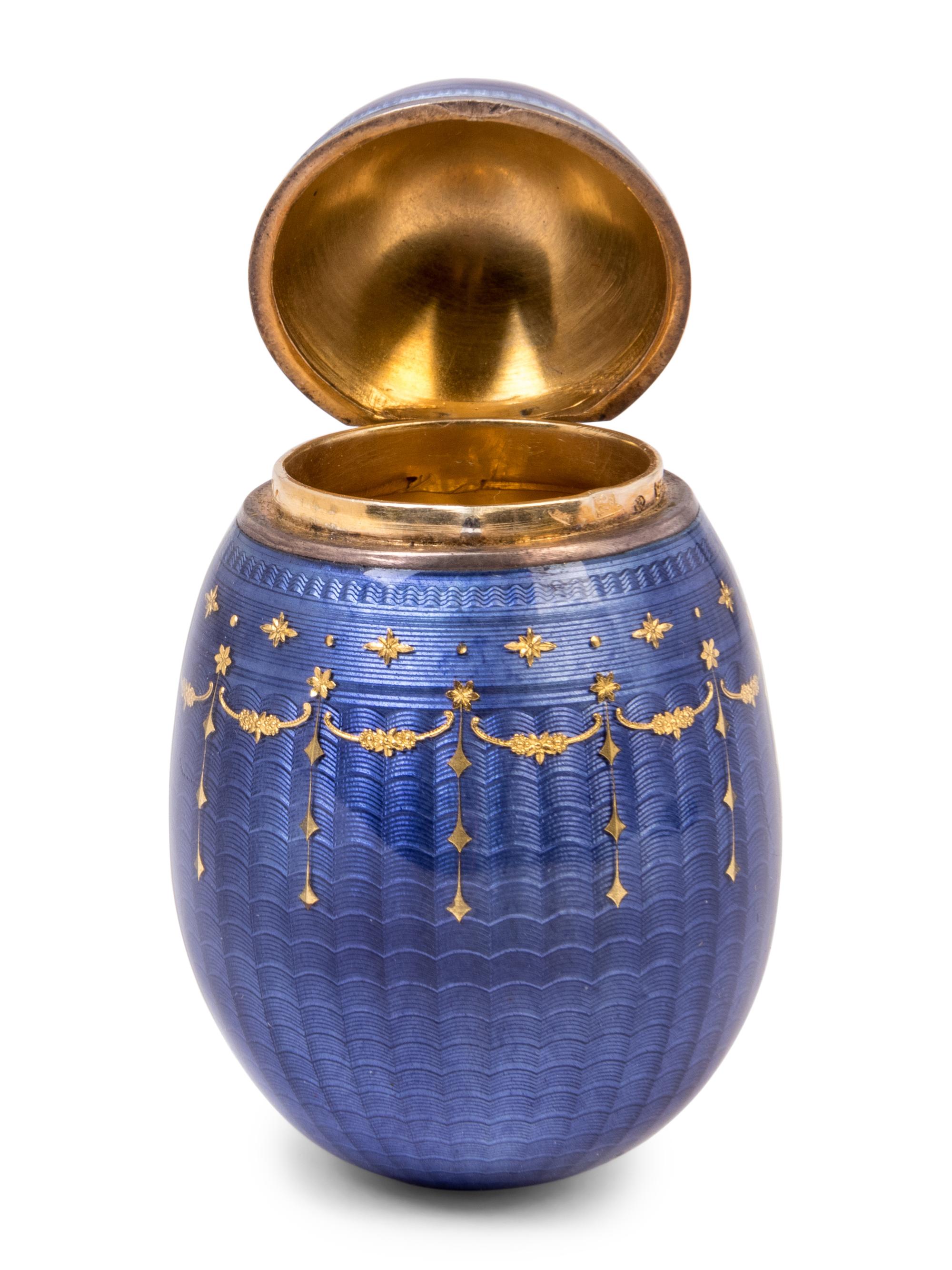 A Norwegian Silver-Gilt and Gold-Inlaid Guilloché Enamel Egg-Form Box of Russian Imperial Interest