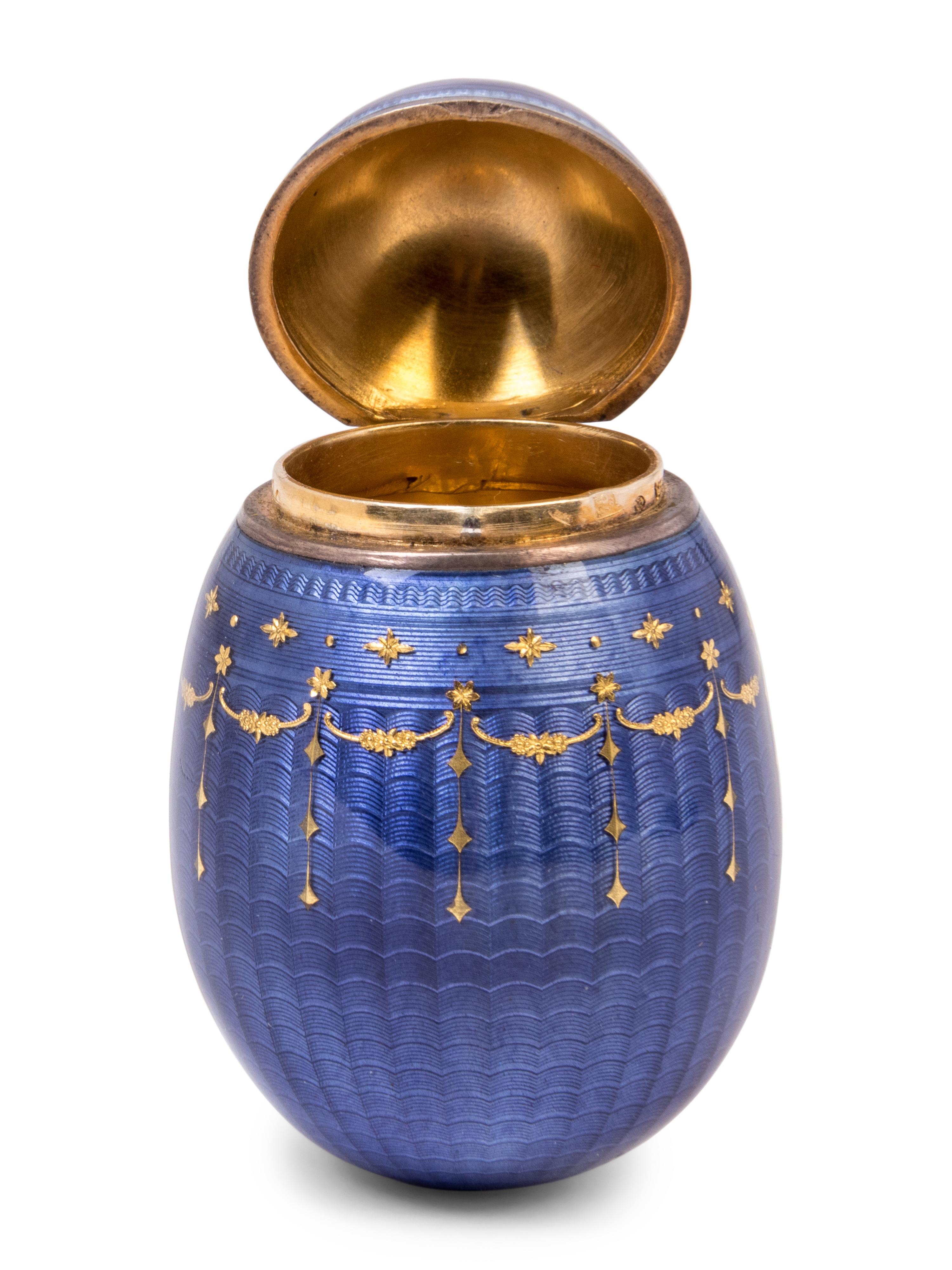 A Norwegian Silver-Gilt and Gold-Inlaid Guilloché Enamel Egg-Form Box of Russian Imperial Interest