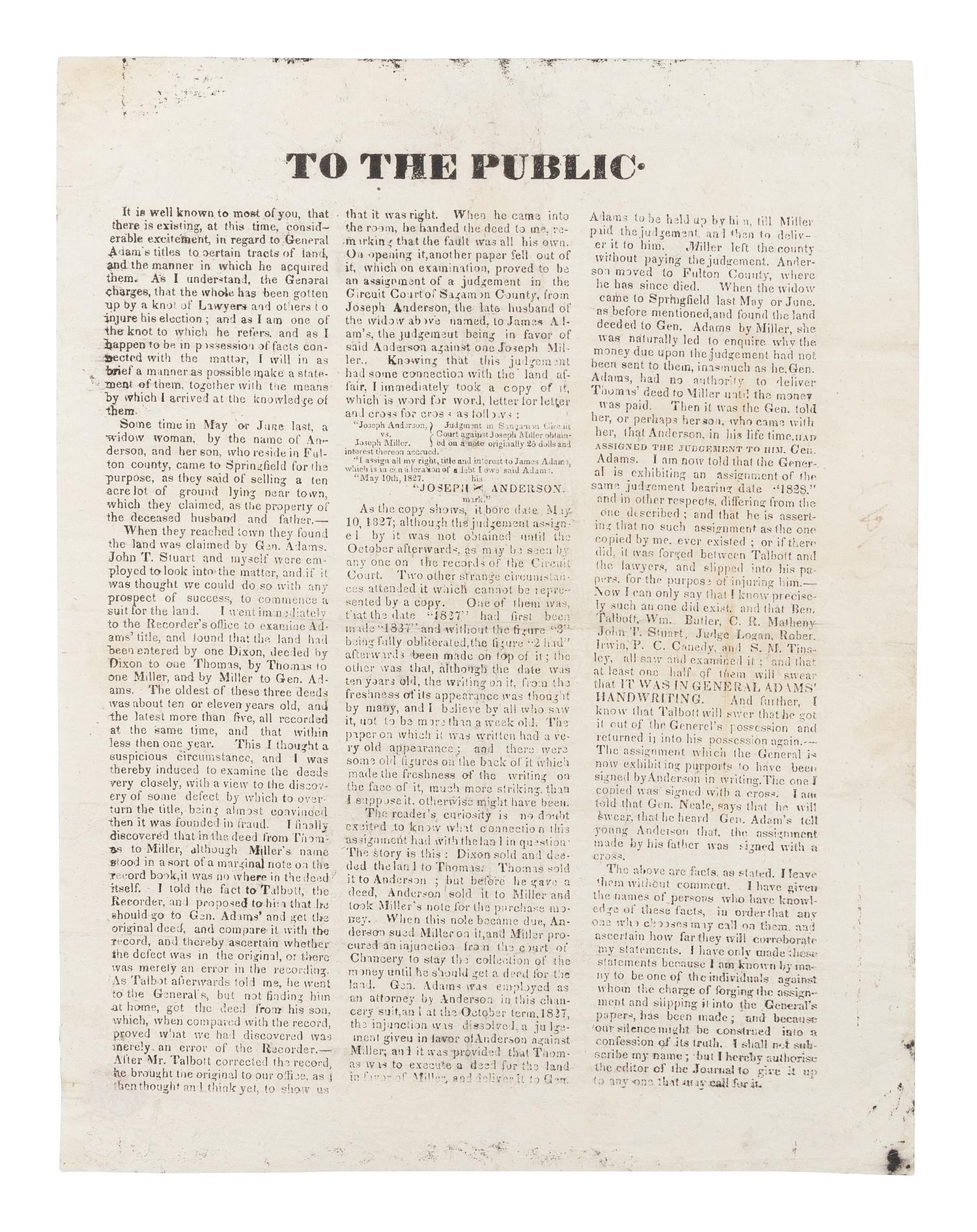 LINCOLN, Abraham (1809-1865). To the Public ... [The Adams Handbill] . Springfield, Illinois, 5 August 1837.