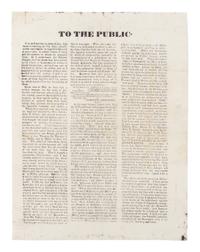 LINCOLN, Abraham (1809-1865). To the Public ... [The Adams Handbill] . Springfield, Illinois, 5 August 1837.